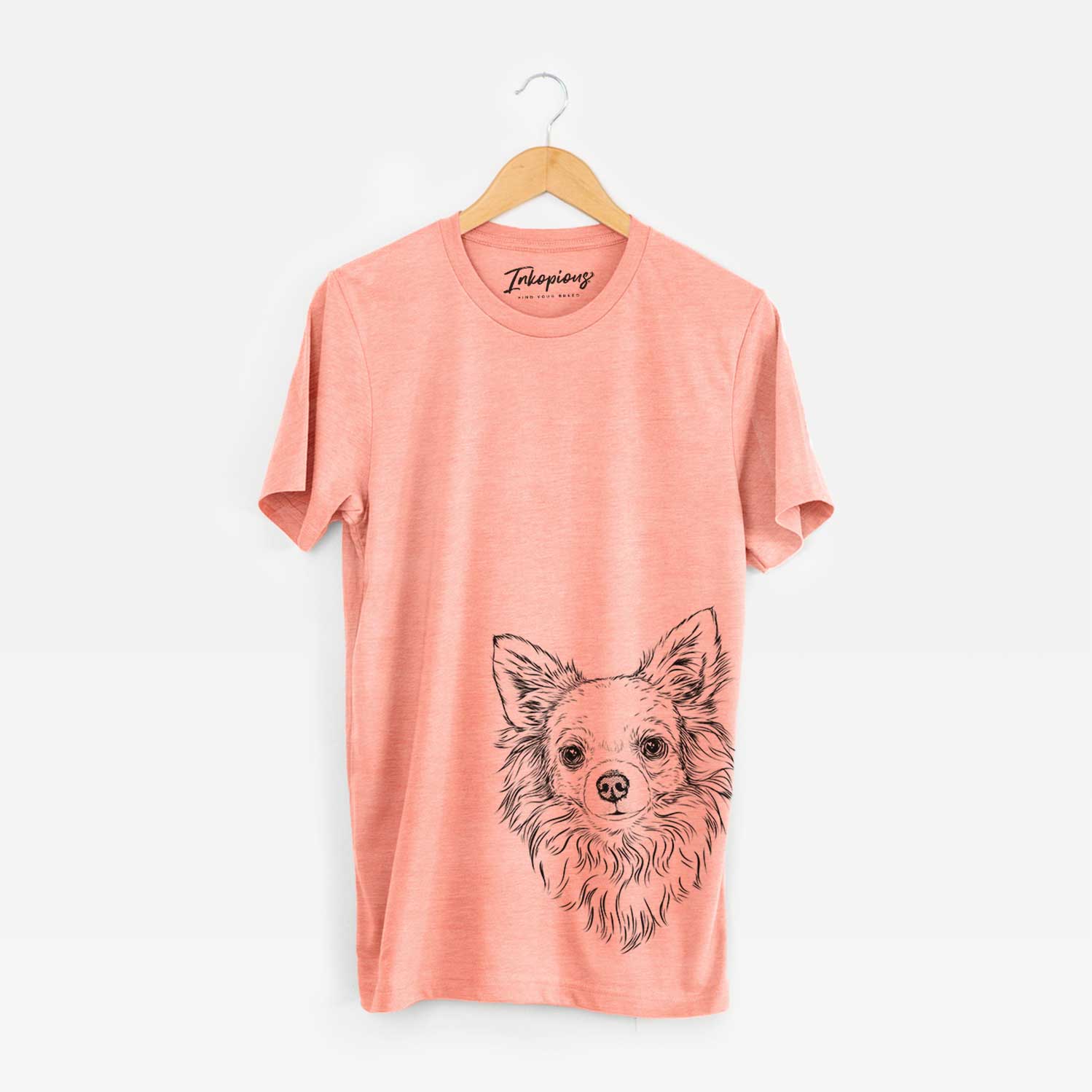 Hand-drawn sketch of Emma the Longhaired Chihuahua on a Sunset Bella Canvas Unisex Crewneck