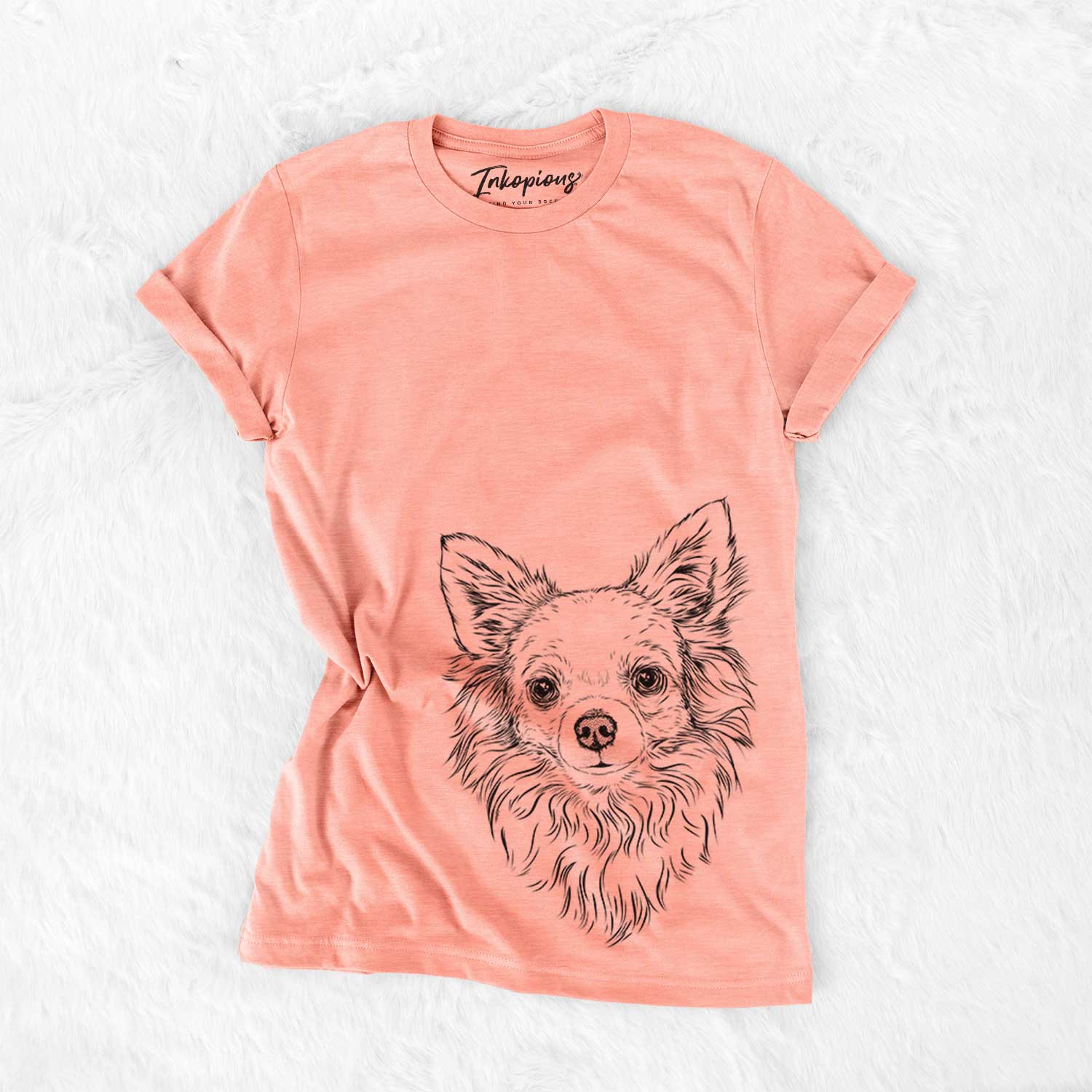 Hand-drawn sketch of Emma the Longhaired Chihuahua on a Sunset Bella Canvas Unisex Crewneck