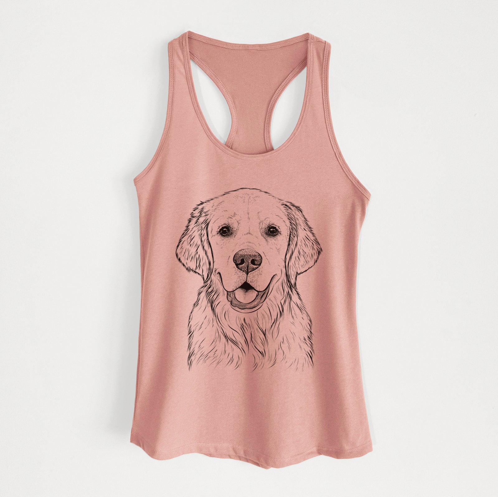 Hand-drawn sketch of Emma the Golden Retriever on a Desert Pink Women's racerback tanktop