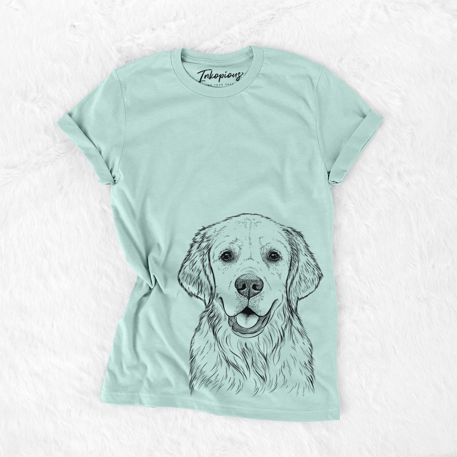 Hand-drawn sketch of Emma the Golden Retriever on a Heather Sage Unisex crewneck