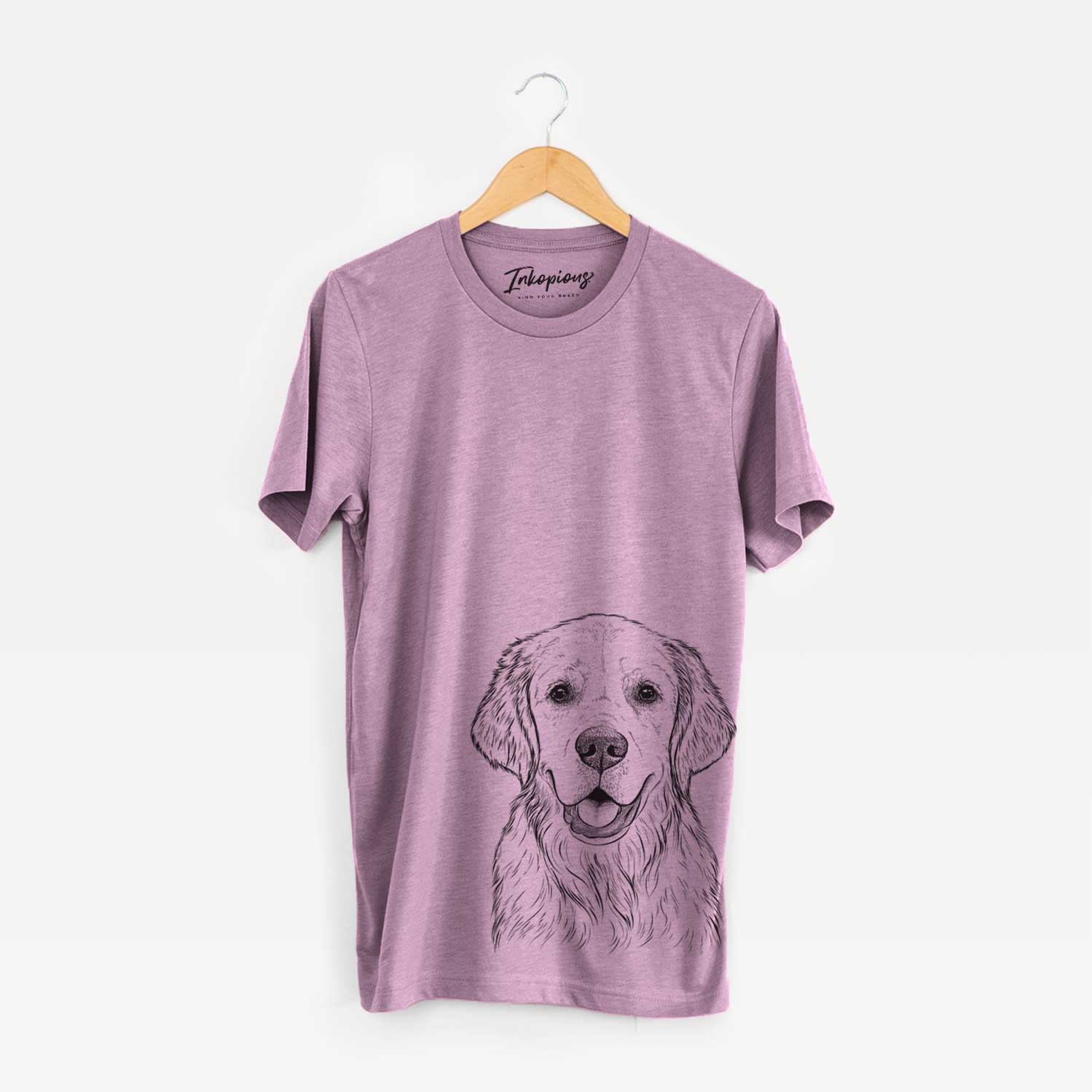 Hand-drawn sketch of Emma the Golden Retriever on an Orchid Unisex crewneck