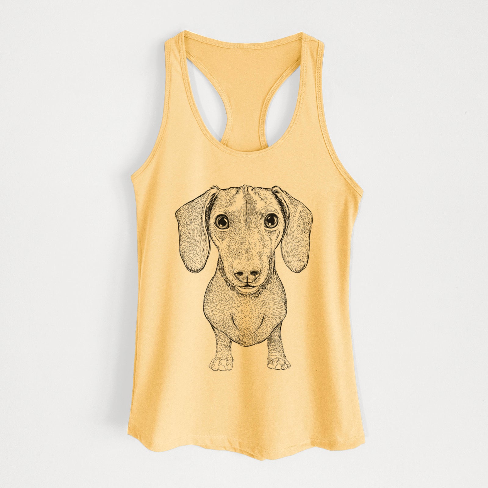 Hand-drawn sketch of Ernie the Mini Dachshund on a Banana Cream Women's racerback tanktop