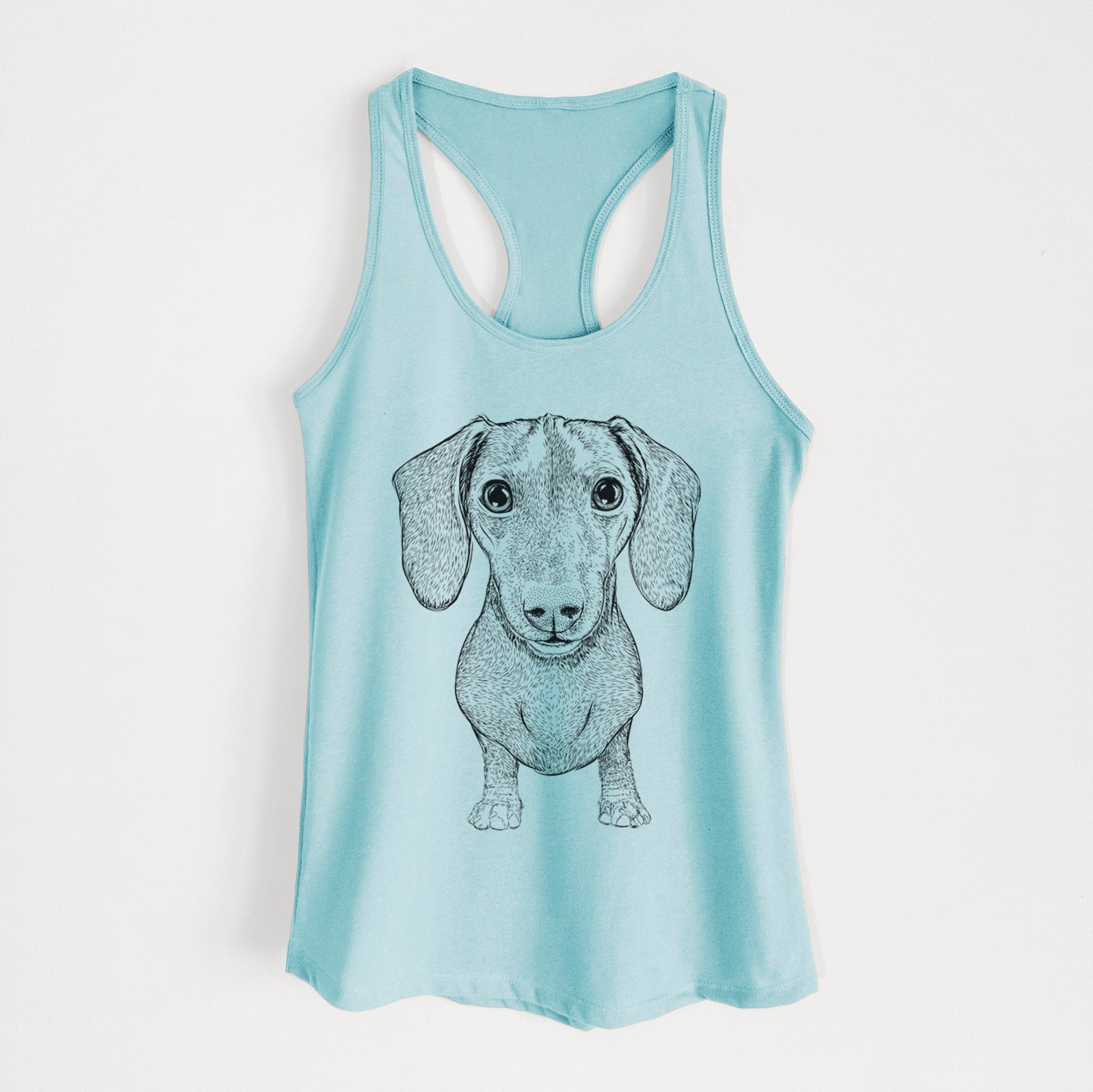 Hand-drawn sketch of Ernie the Mini Dachshund on a Cancun Blue Women's racerback tanktop