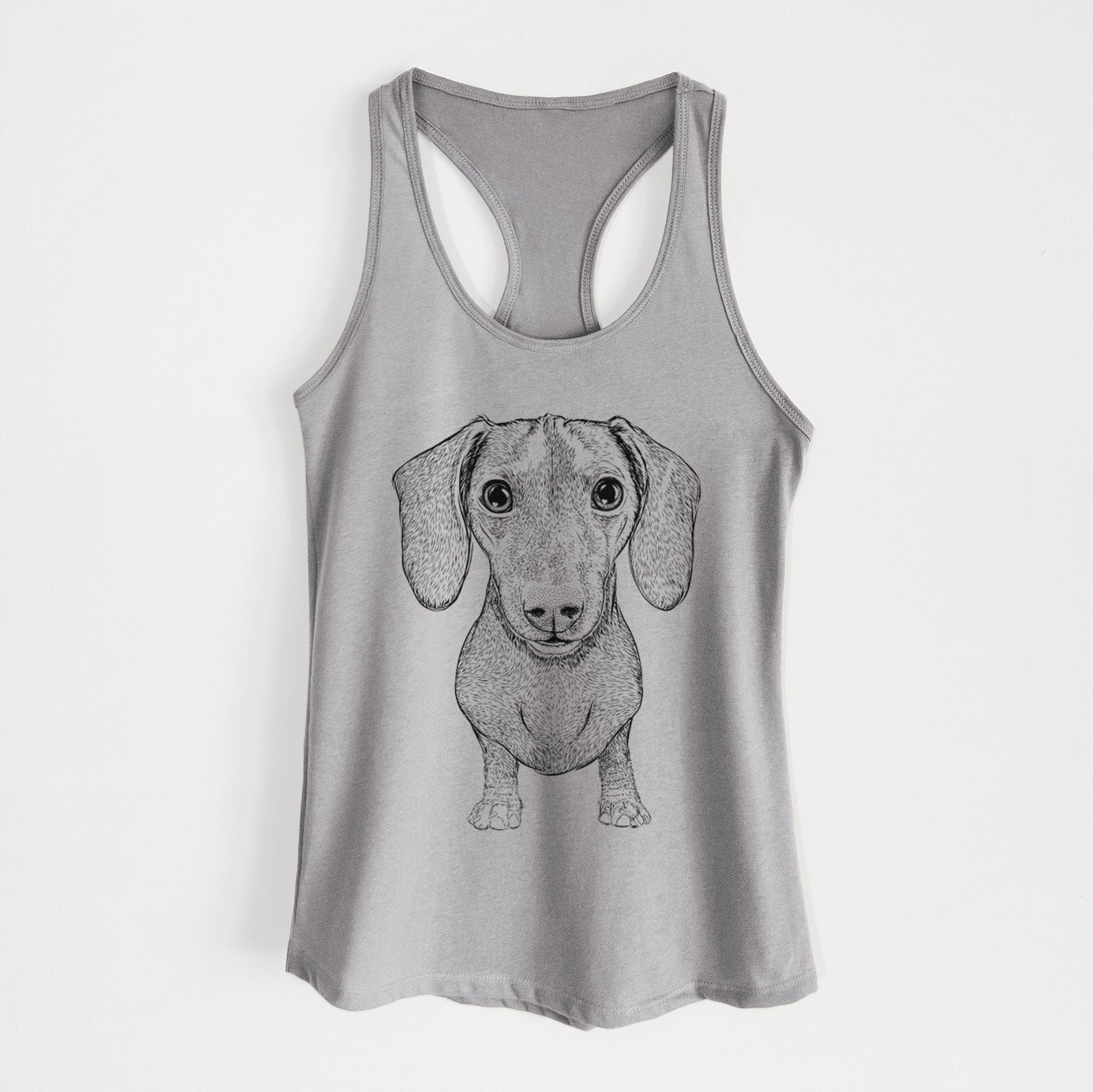 Hand-drawn sketch of Ernie the Mini Dachshund on a Heather Grey Women's racerback tanktop