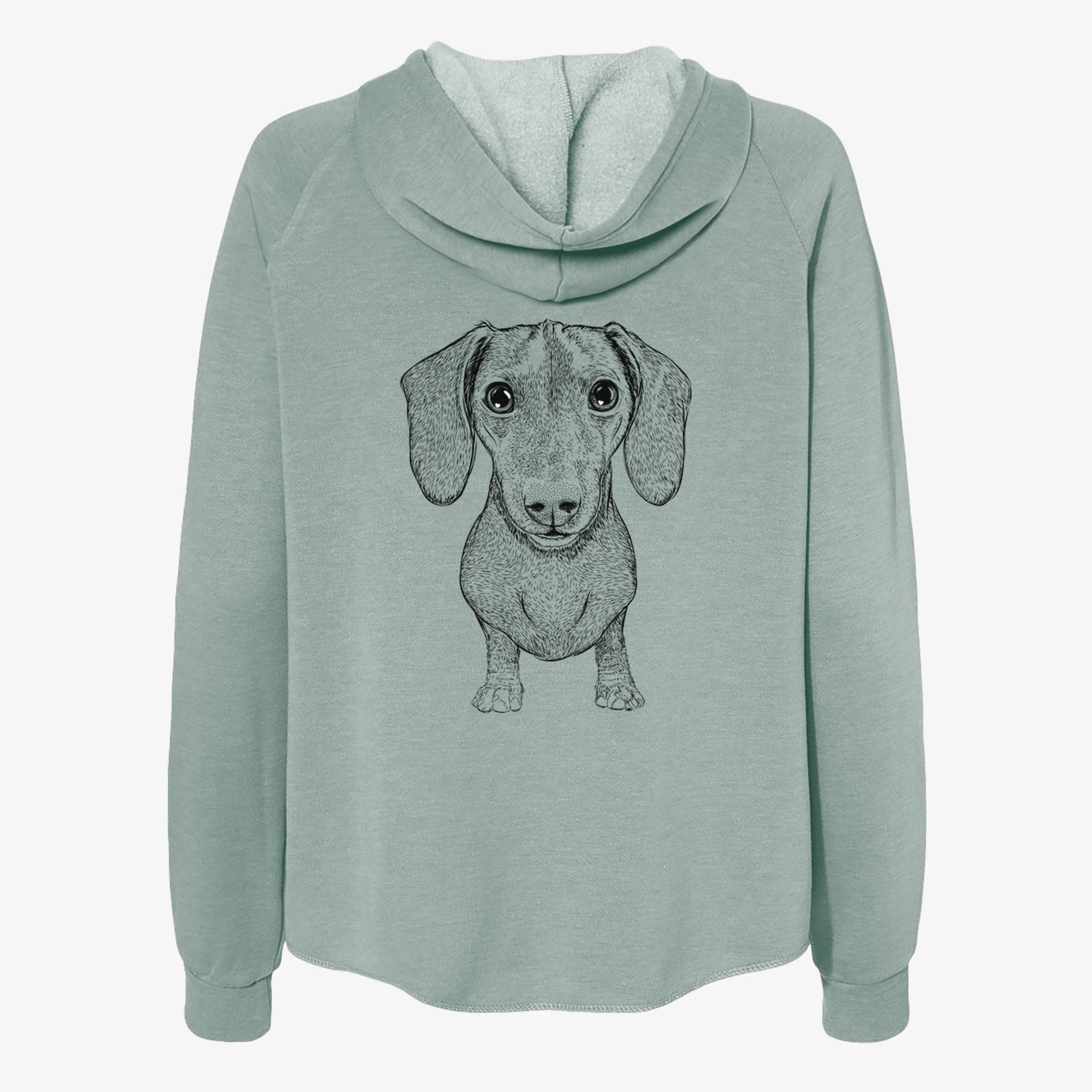 Hand-drawn sketch of Ernie the Mini Dachshund on a Sage Women's cali wave zip-up sweatshirt