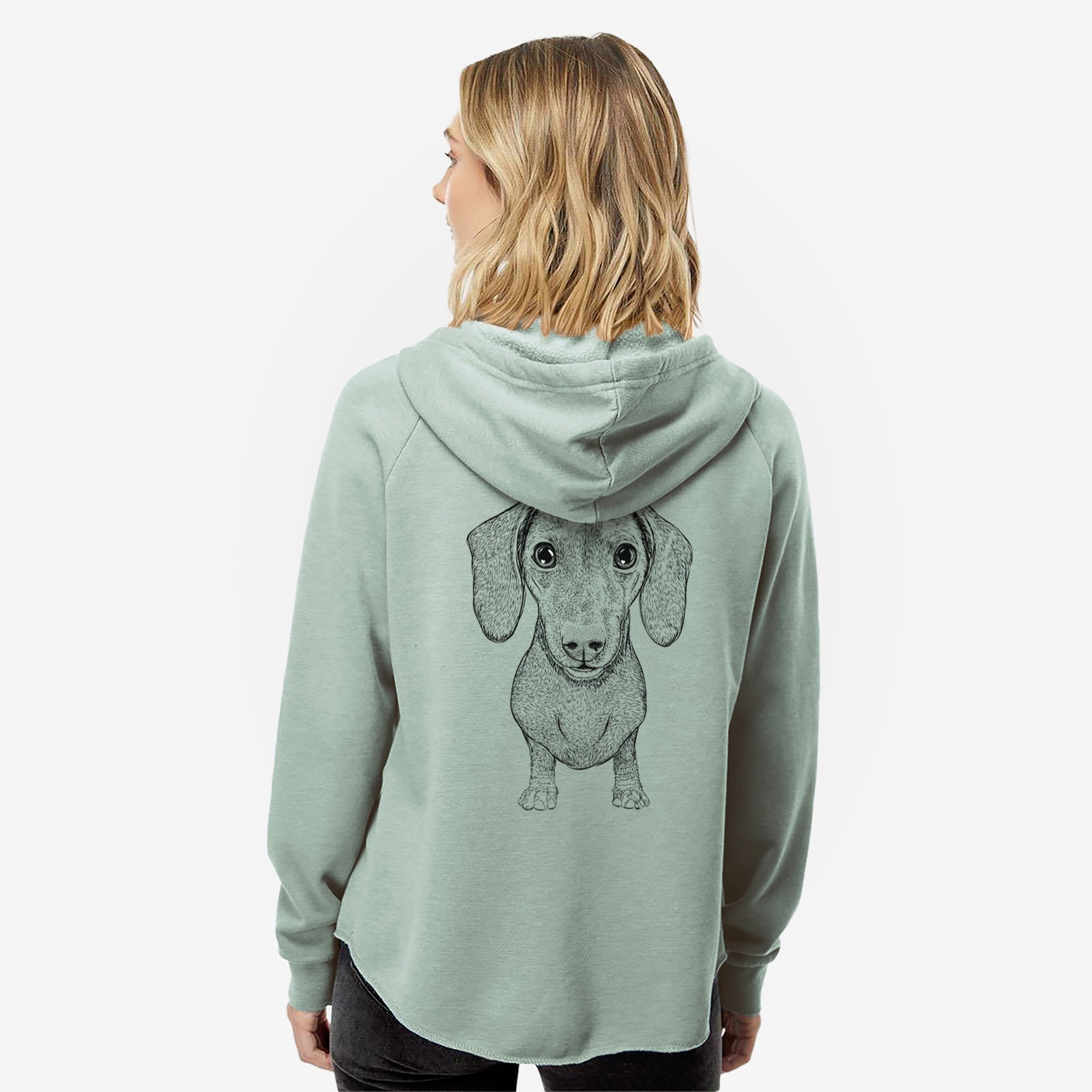 Hand-drawn sketch of Ernie the Mini Dachshund on a Sage Women's cali wave zip-up sweatshirt