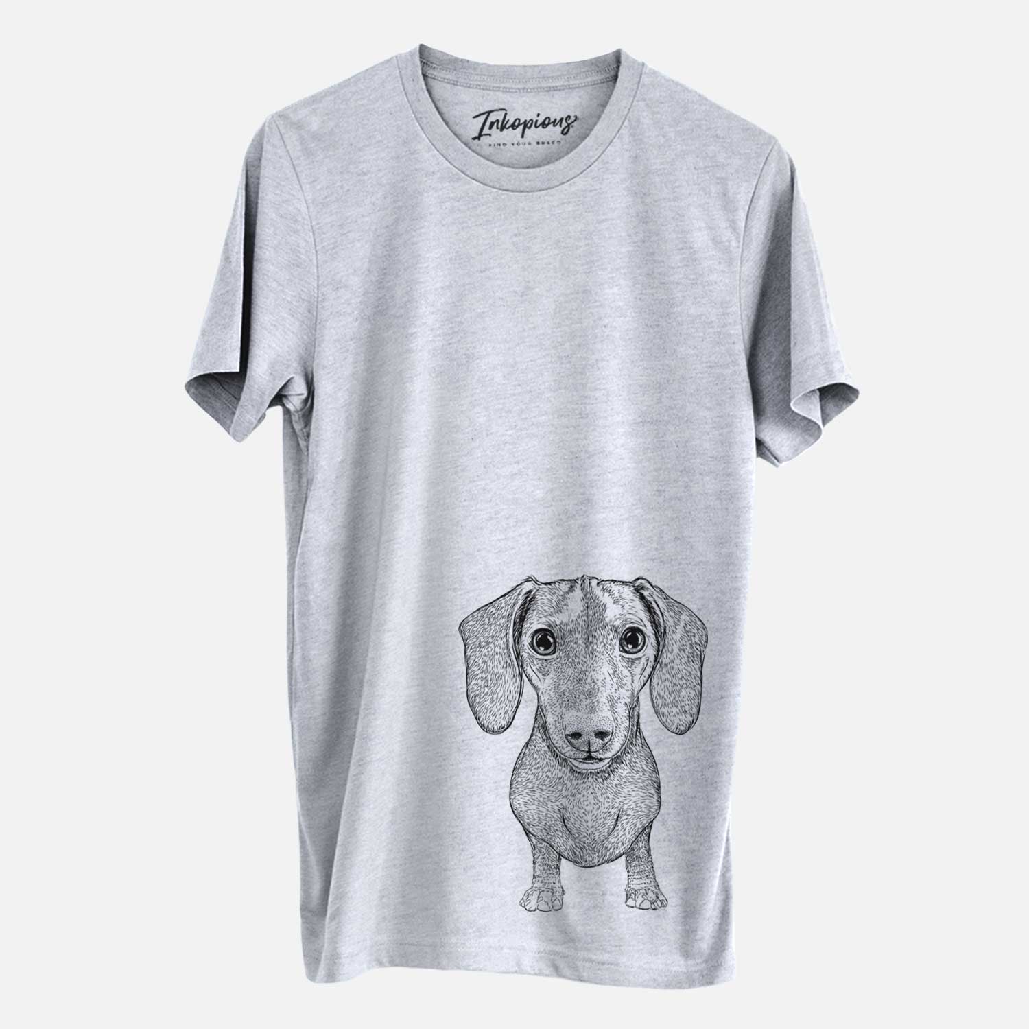 Hand-drawn sketch of Ernie the Mini Dachshund on a Grey Unisex crewneck