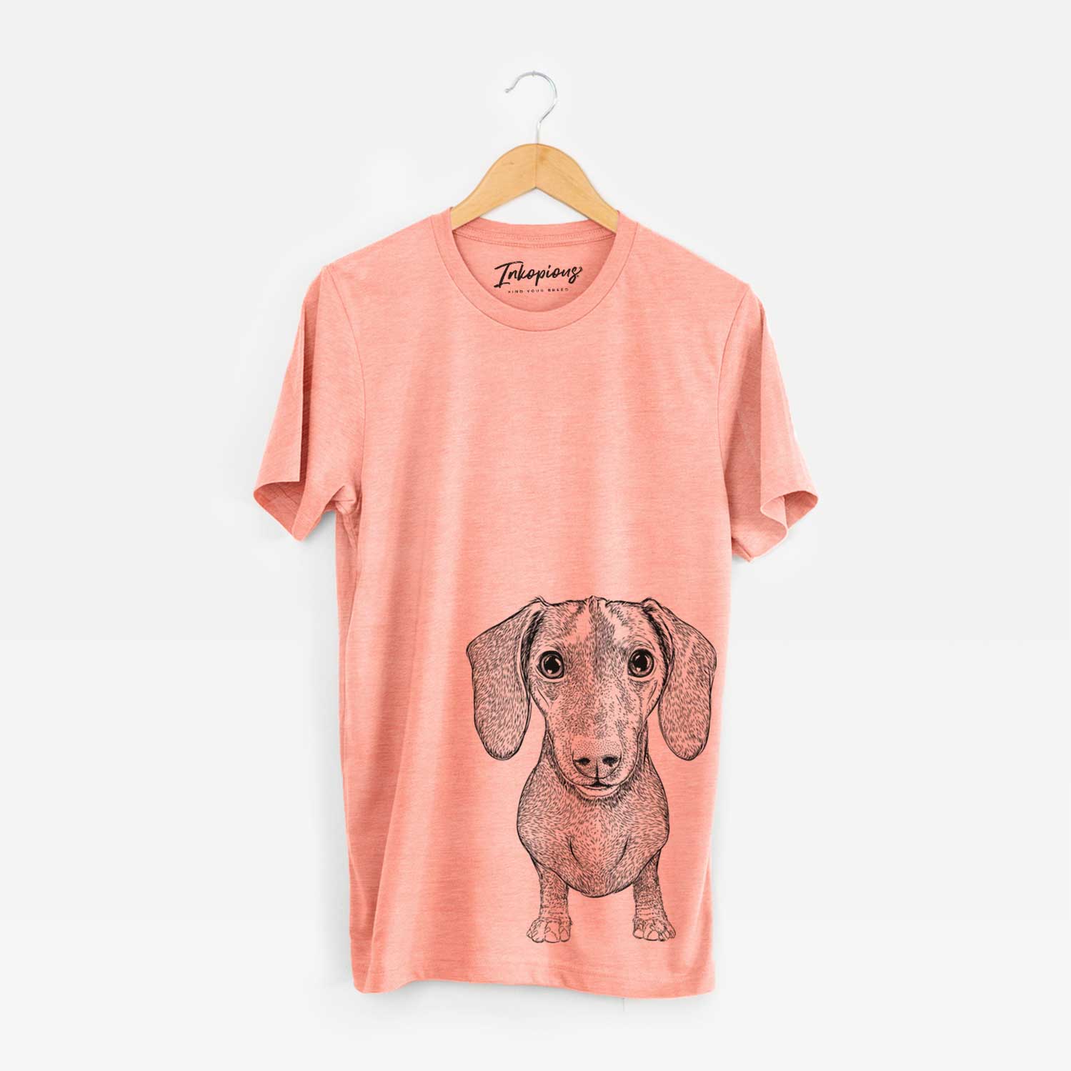 Hand-drawn sketch of Ernie the Mini Dachshund on a Sunset Unisex crewneck