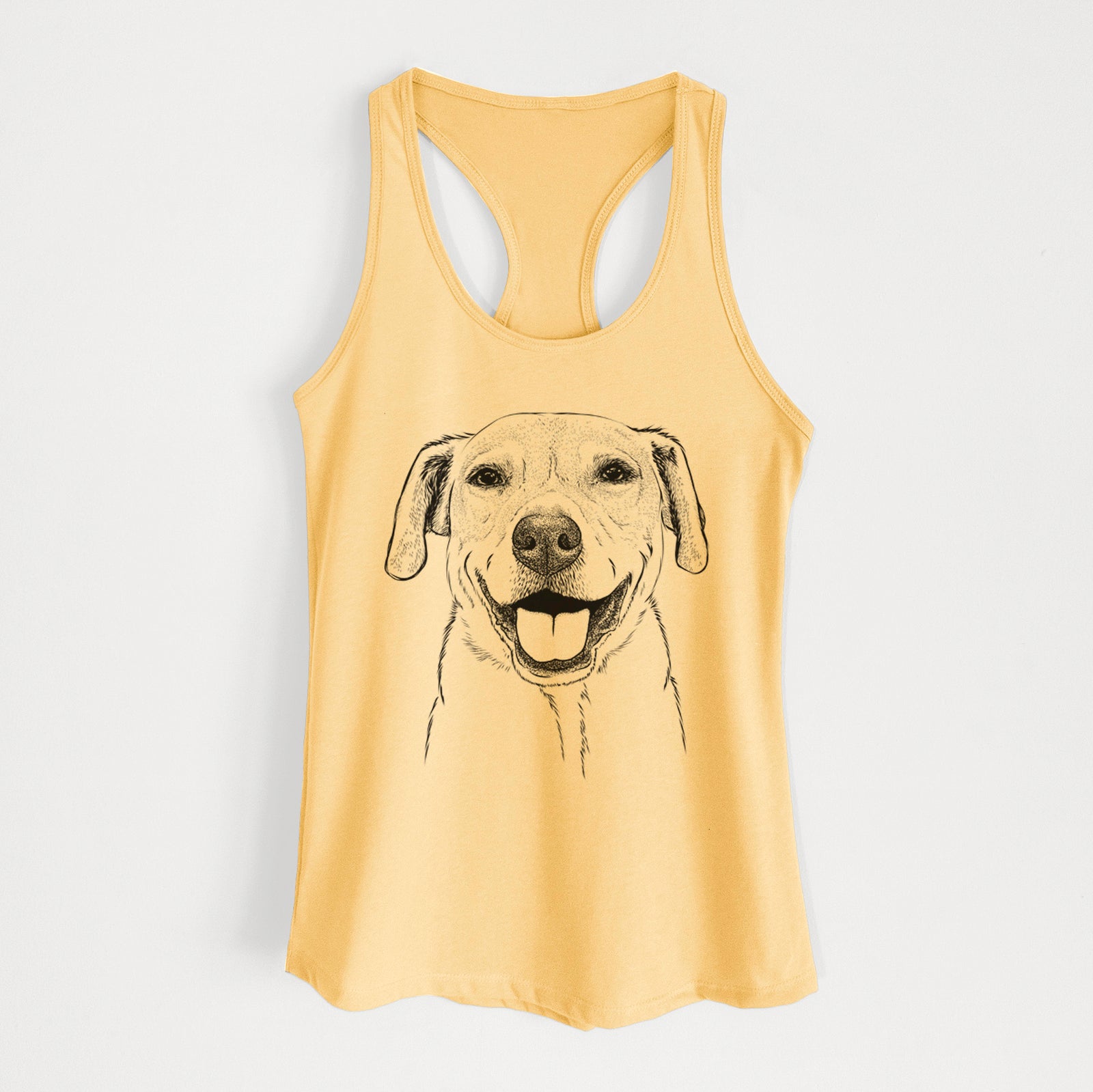 Hand-drawn sketch of Ernie the Mixed Breed on a Banana Cream Women's racerback tanktop