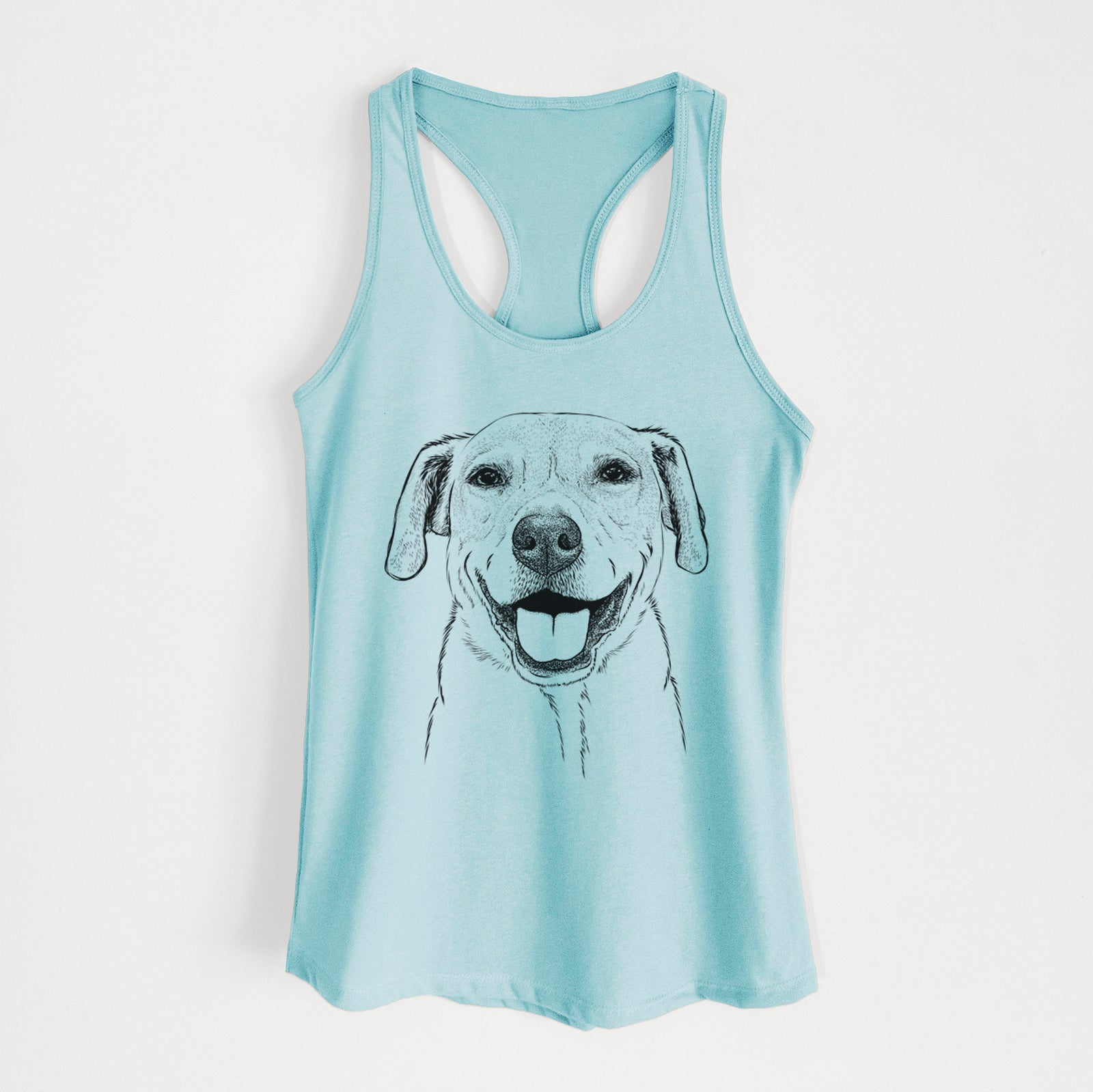 Hand-drawn sketch of Ernie the Mixed Breed on a Cancun Blue Women's racerback tanktop