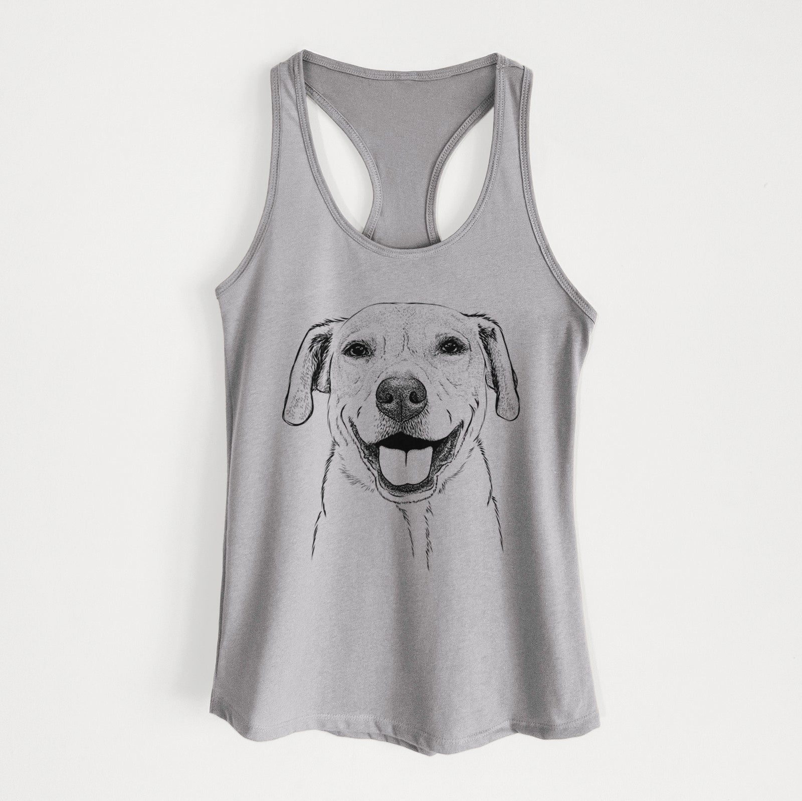Hand-drawn sketch of Ernie the Mixed Breed on a Heather Grey Women's racerback tanktop