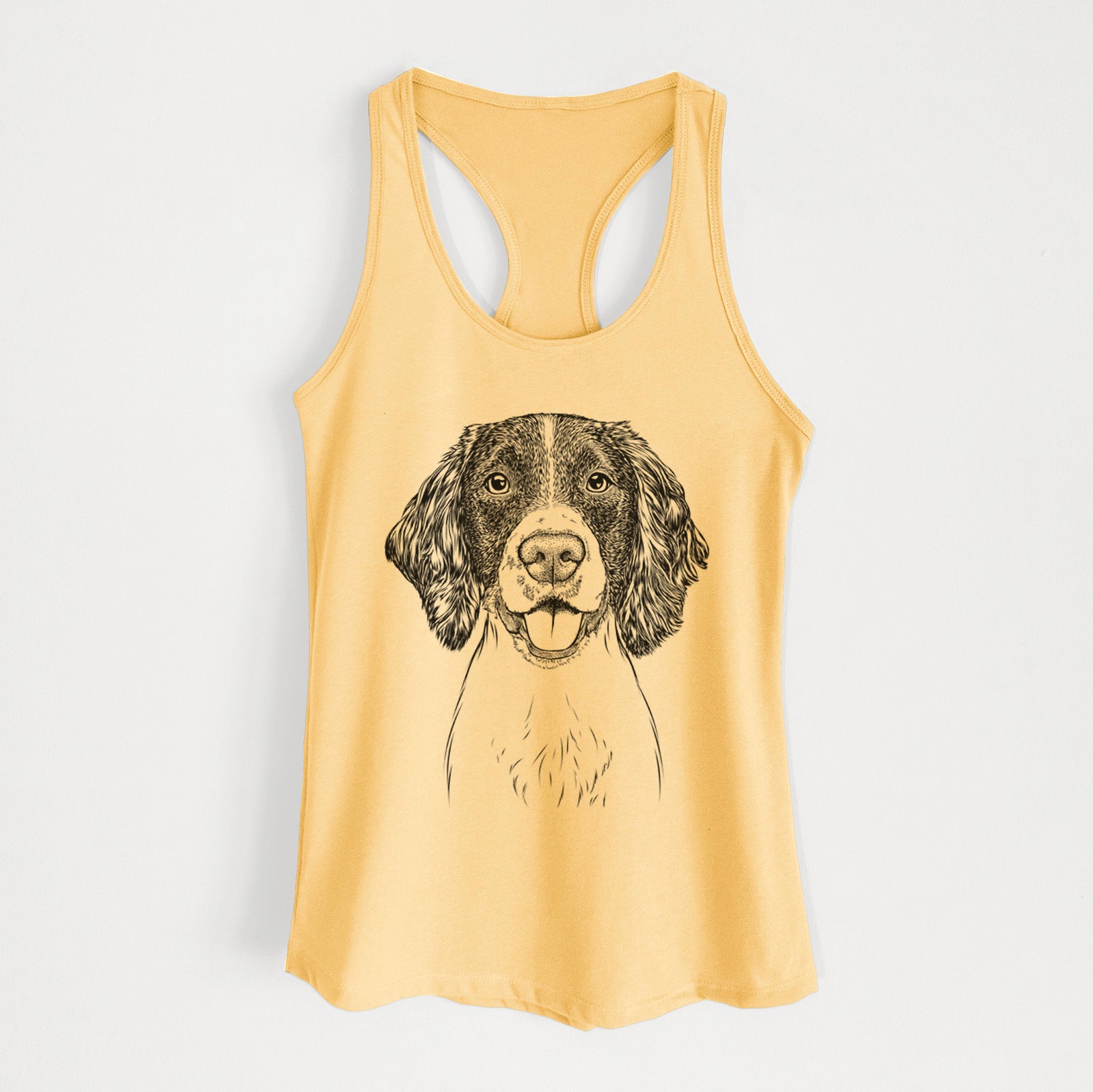 Hand-drawn sketch of Ever the English Springer Spaniel on a Banana Cream Women's racerback tanktop