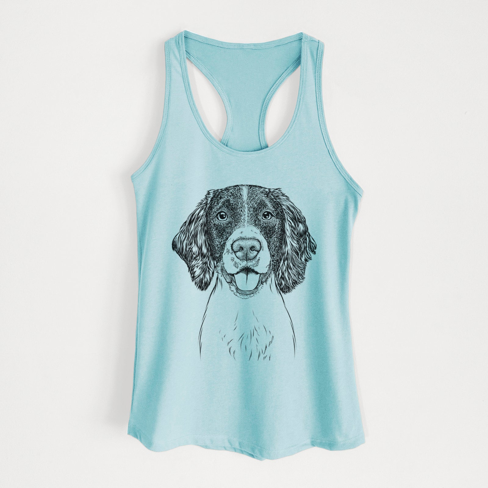 Hand-drawn sketch of Ever the English Springer Spaniel on a Cancun Blue Women's racerback tanktop