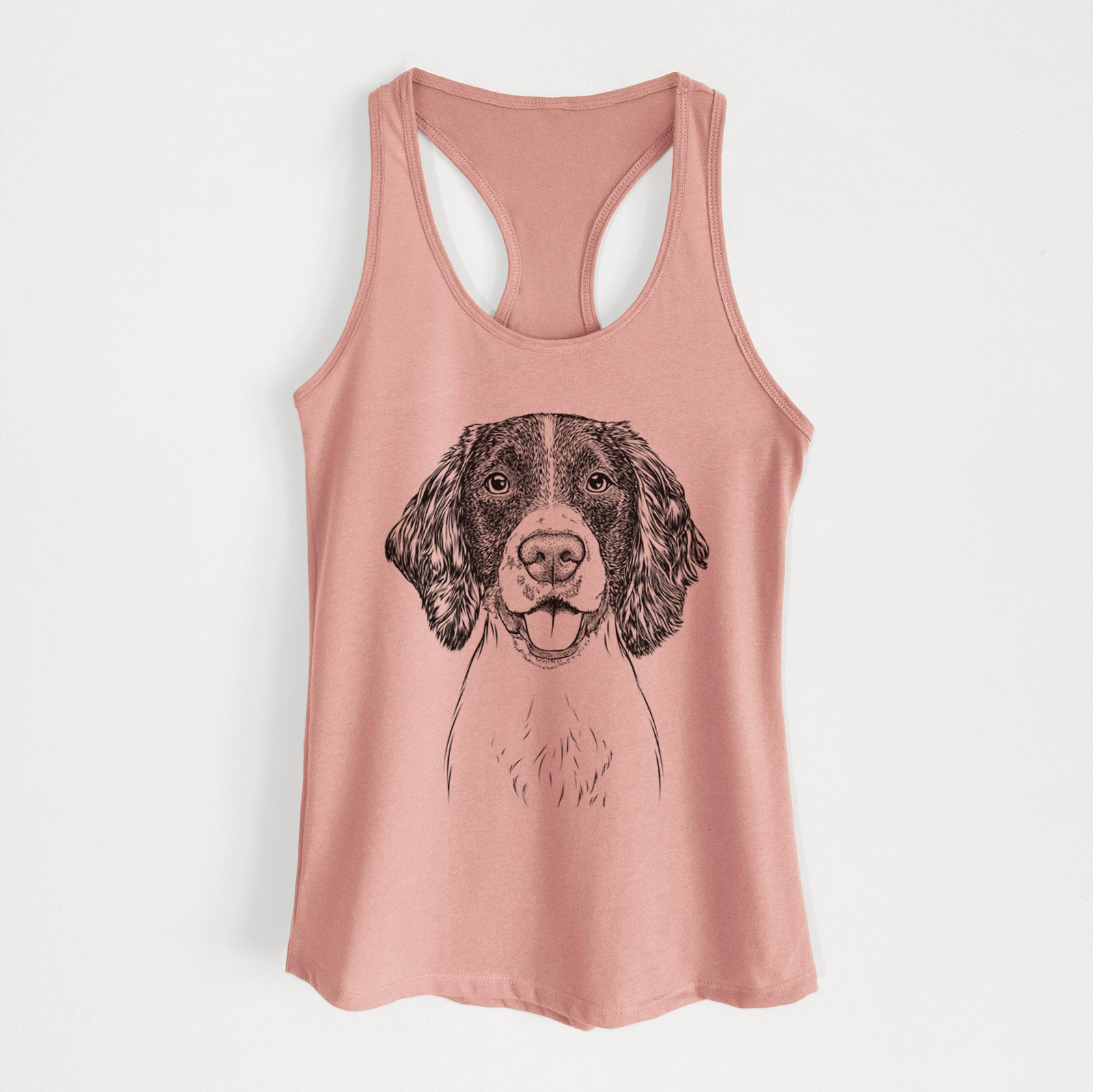 Hand-drawn sketch of Ever the English Springer Spaniel on a Desert Pink Women's racerback tanktop