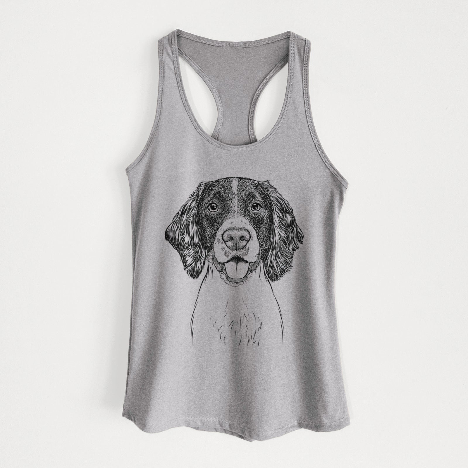 Hand-drawn sketch of Ever the English Springer Spaniel on a Heather Grey Women's racerback tanktop