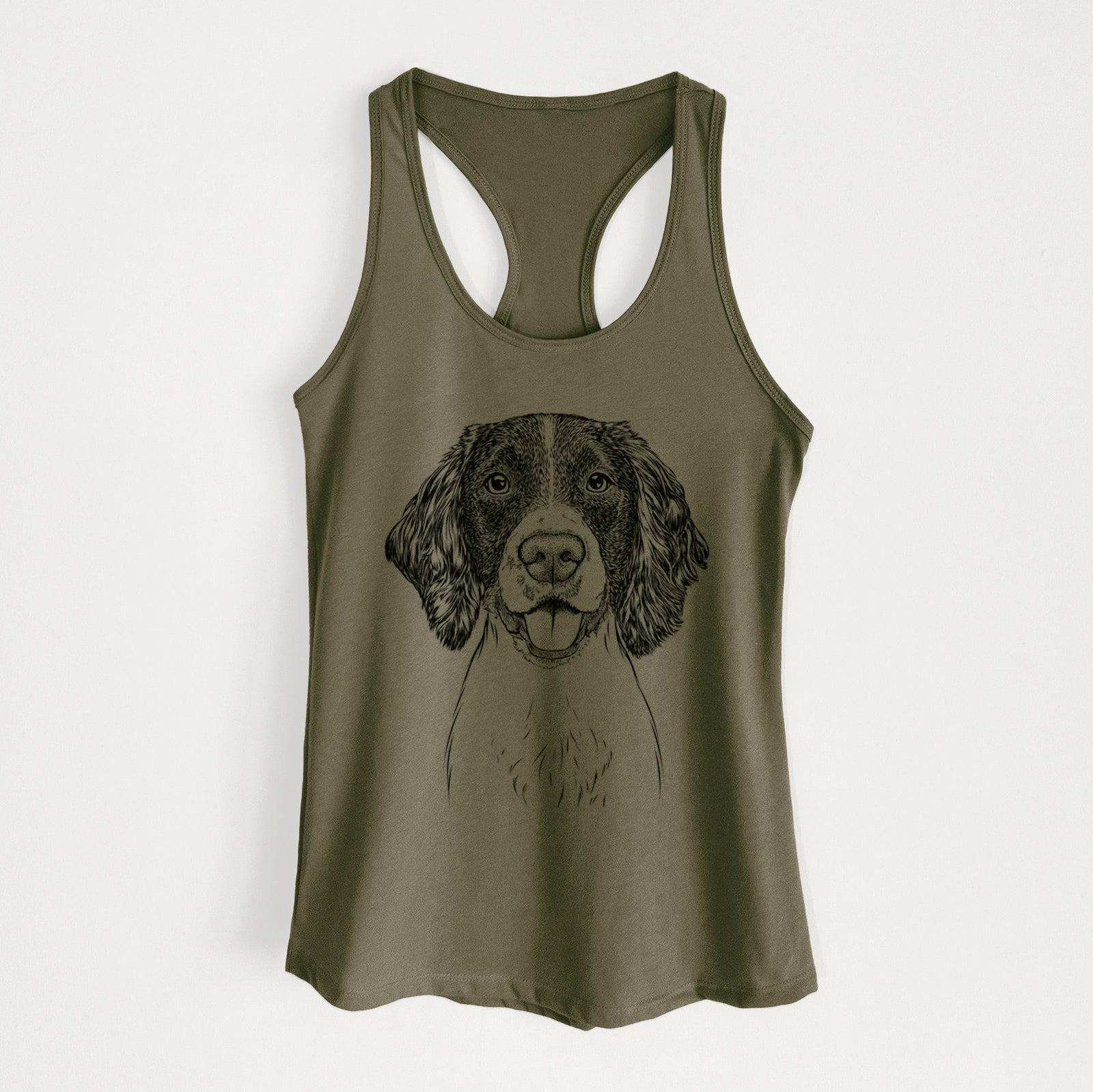 Hand-drawn sketch of Ever the English Springer Spaniel on a Military Green Women's racerback tanktop
