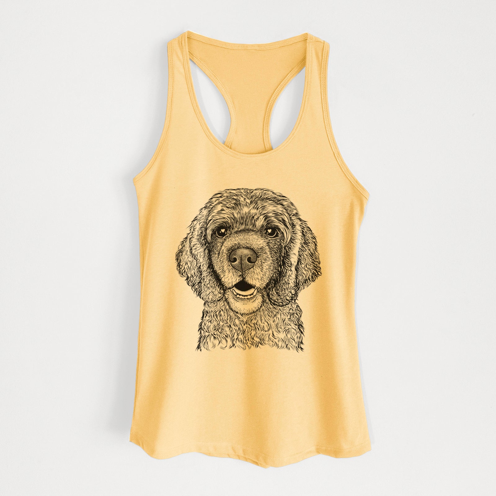 Hand-drawn sketch of Fannie Mae the Cocker Spaniel on a Banana Cream Women's racerback tanktop