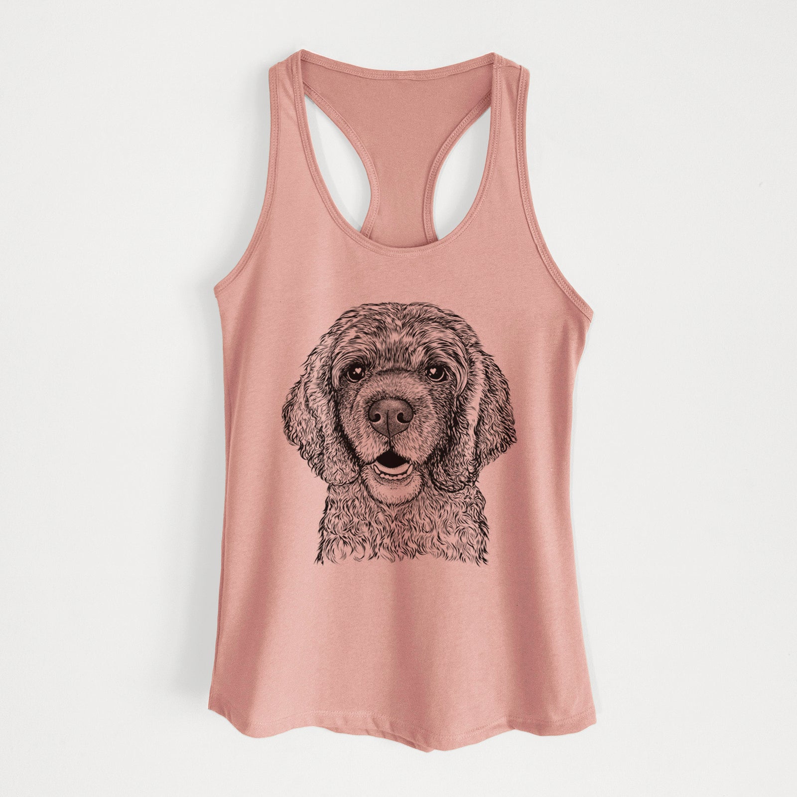 Hand-drawn sketch of Fannie Mae the Cocker Spaniel on a Desert Pink Women's racerback tanktop