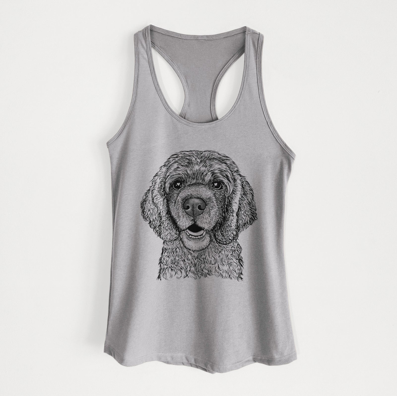 Hand-drawn sketch of Fannie Mae the Cocker Spaniel on a Heather Grey Women's racerback tanktop