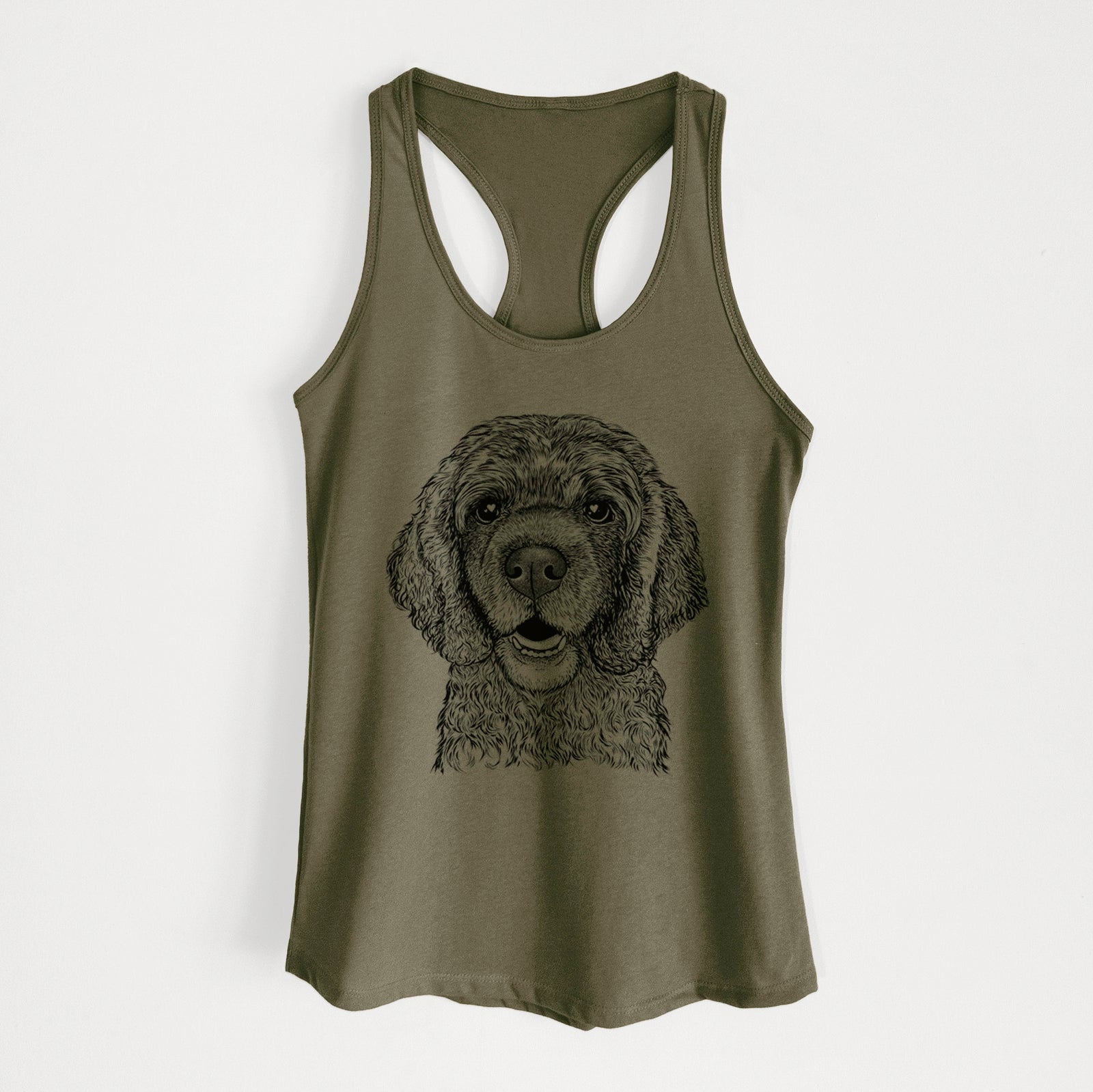 Hand-drawn sketch of Fannie Mae the Cocker Spaniel on a Military Green Women's racerback tanktop