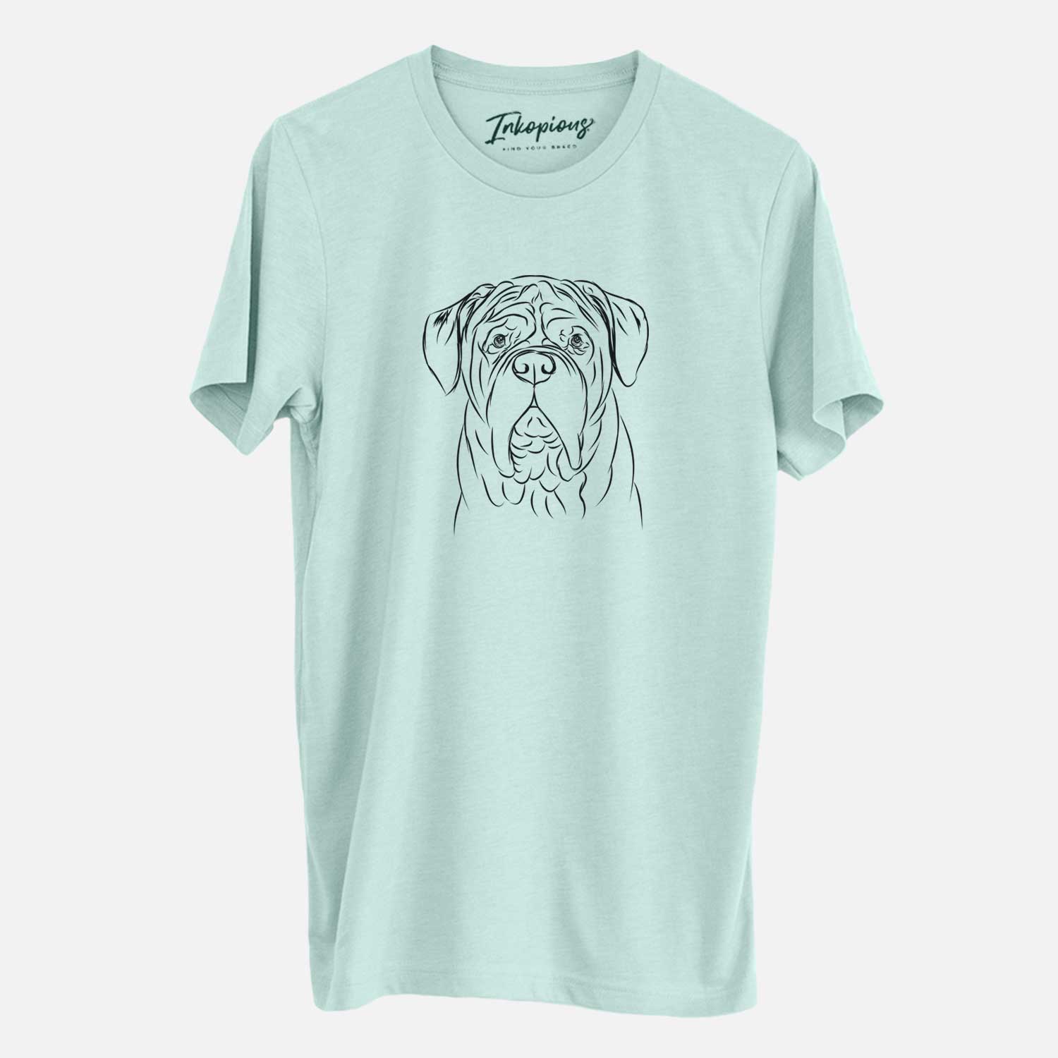 Hand-drawn sketch of Felix the Dogue de Bordeaux on a Heather Sage Unisex crewneck