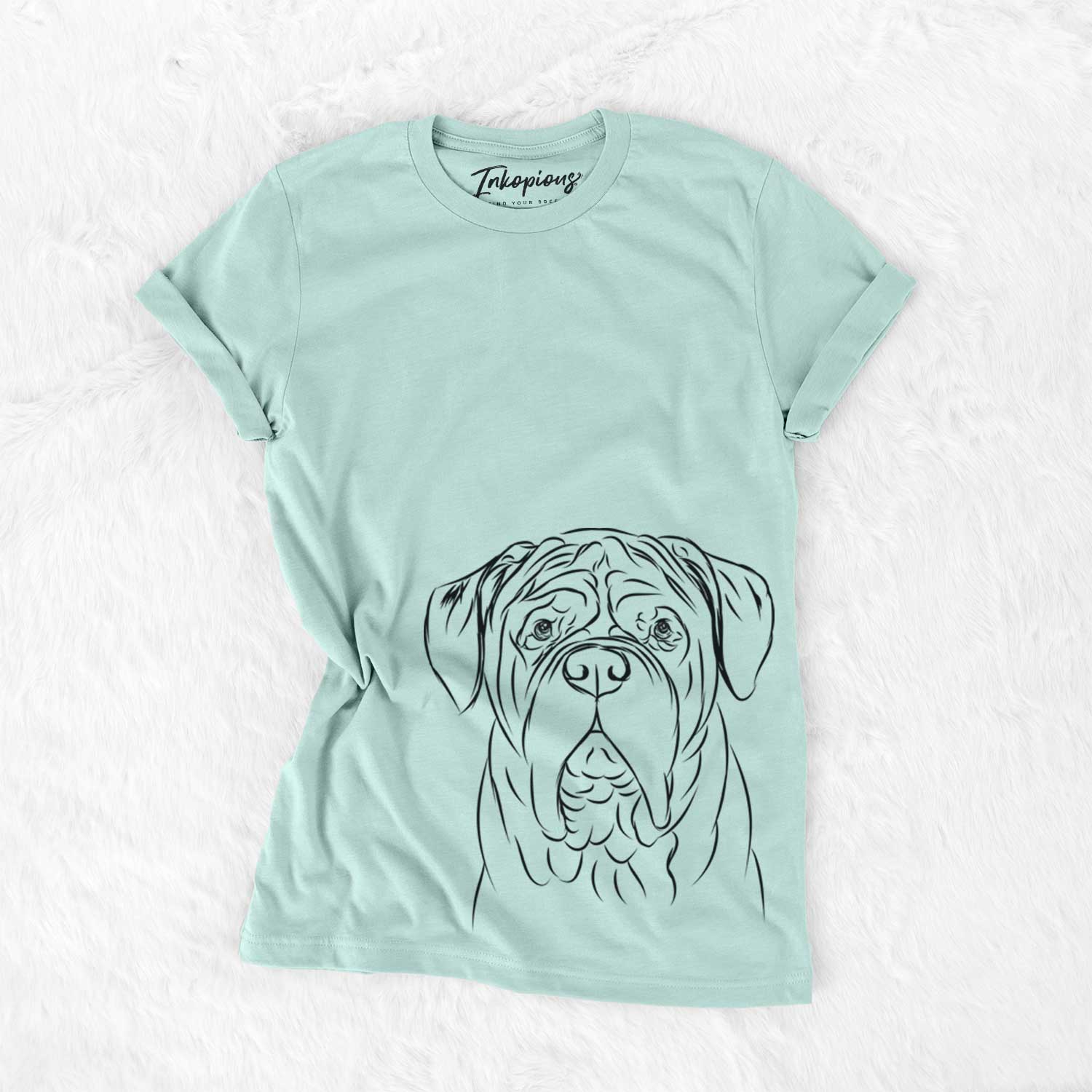 Hand-drawn sketch of Felix the Dogue de Bordeaux on a Heather Sage Unisex crewneck