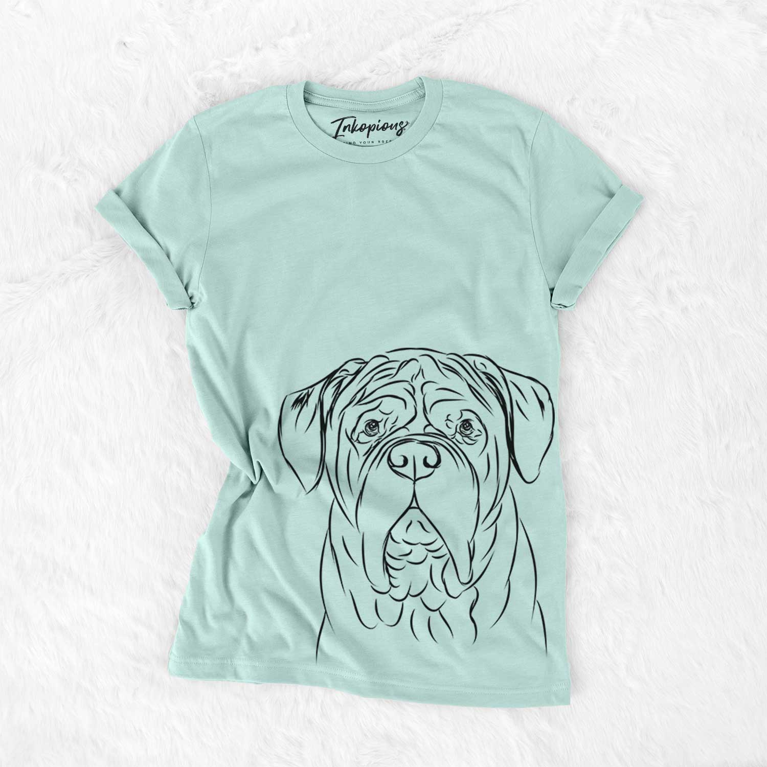 Hand-drawn sketch of Felix the Dogue de Bordeaux on a Heather Sage Bella Canvas Unisex Crewneck