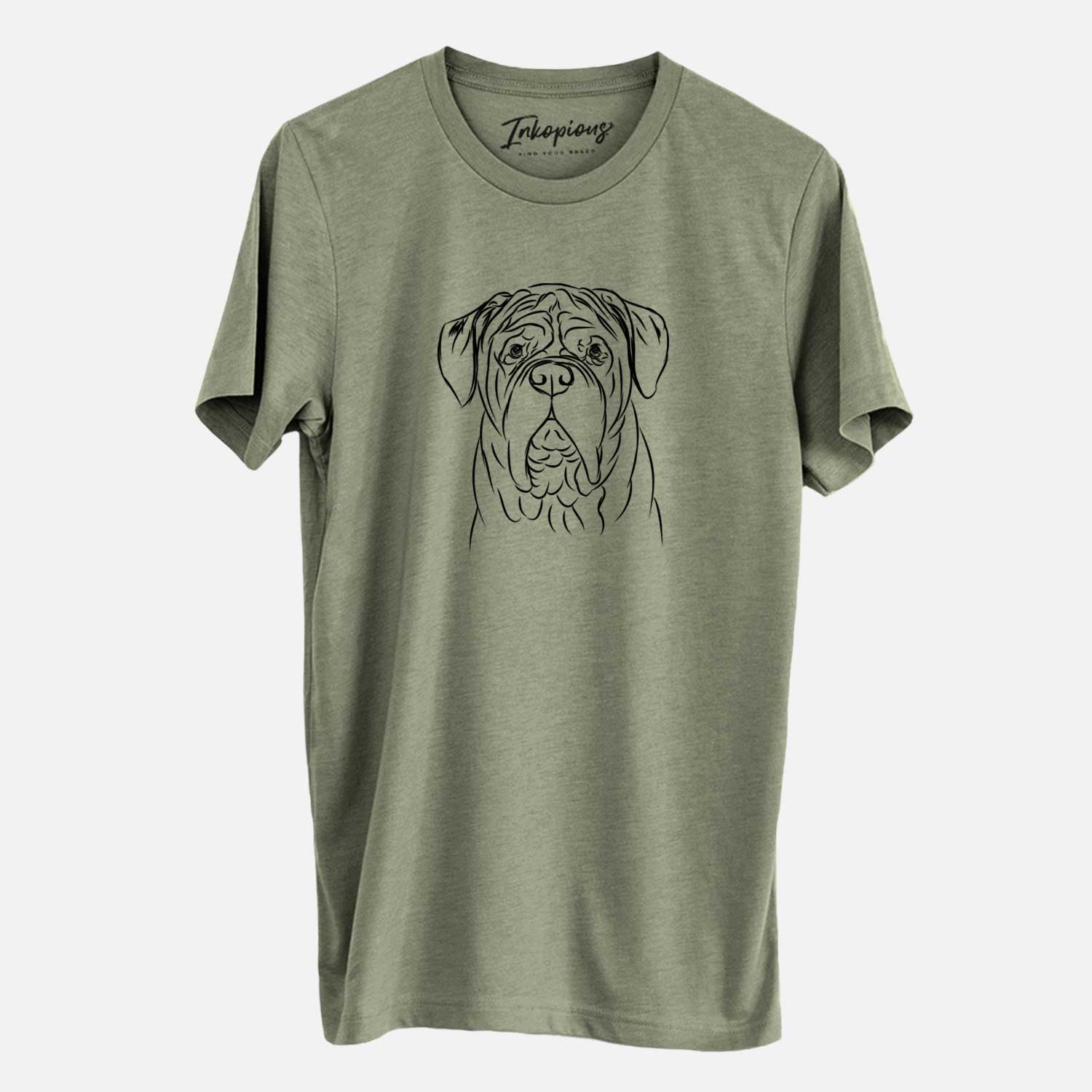 Hand-drawn sketch of Felix the Dogue de Bordeaux on an Olive Unisex crewneck