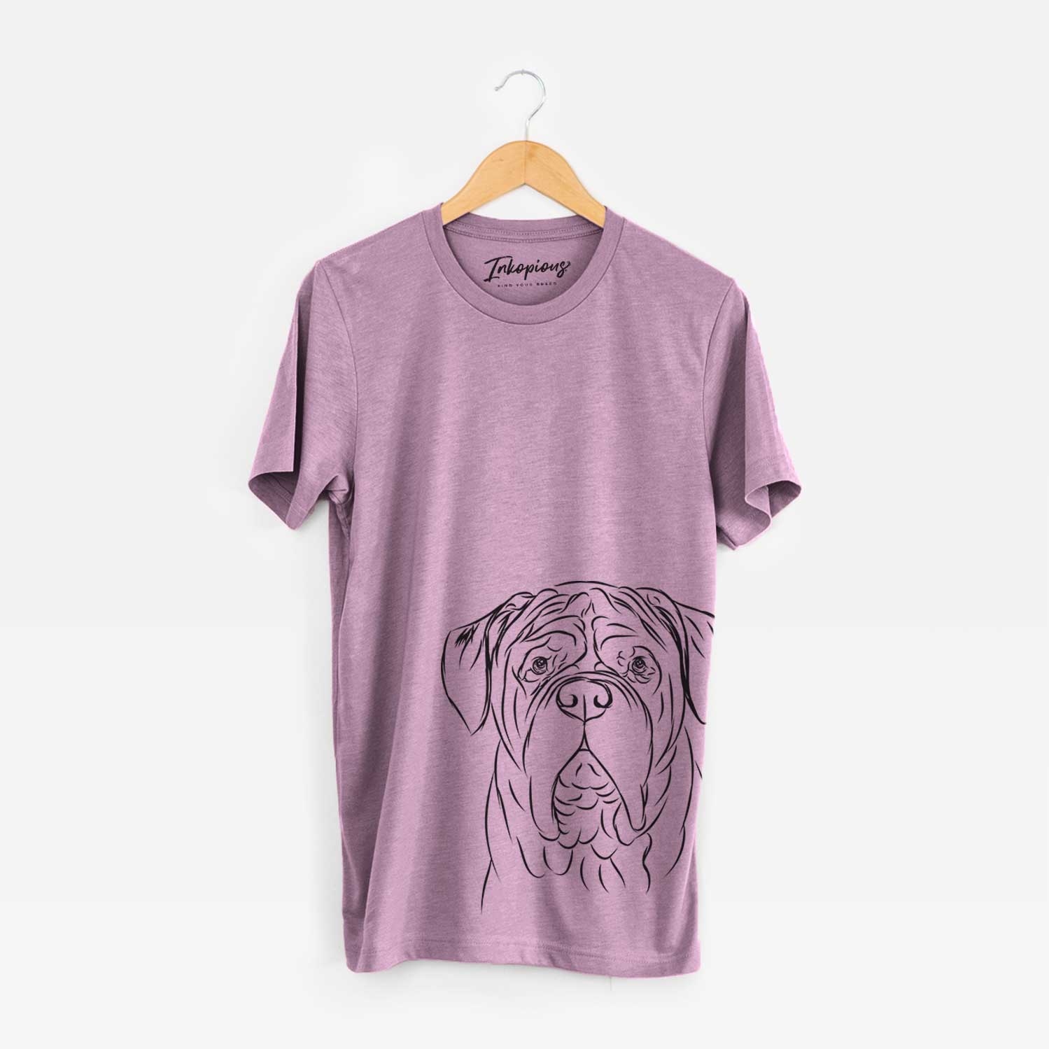 Hand-drawn sketch of Felix the Dogue de Bordeaux on an Orchid Bella Canvas Unisex Crewneck