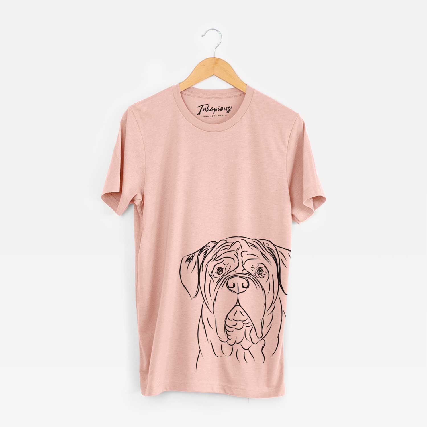 Hand-drawn sketch of Felix the Dogue de Bordeaux on a Peach Bella Canvas Unisex Crewneck