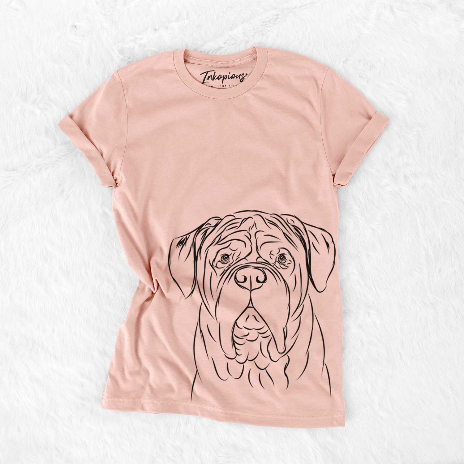 Hand-drawn sketch of Felix the Dogue de Bordeaux on a Peach Bella Canvas Unisex Crewneck