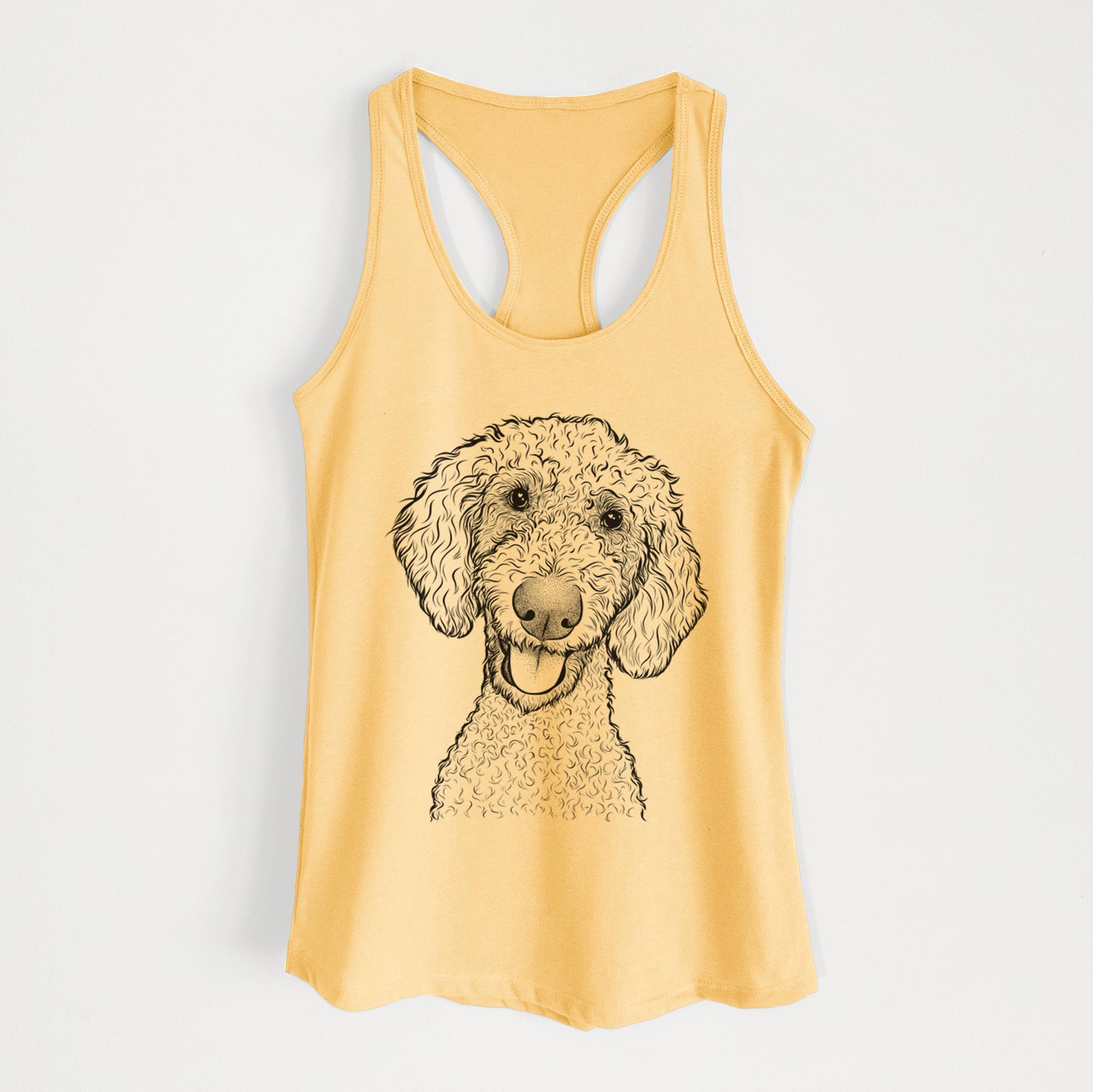 Hand-drawn sketch of Fenway the Goldendoodle on a Banana Cream Women's racerback tanktop
