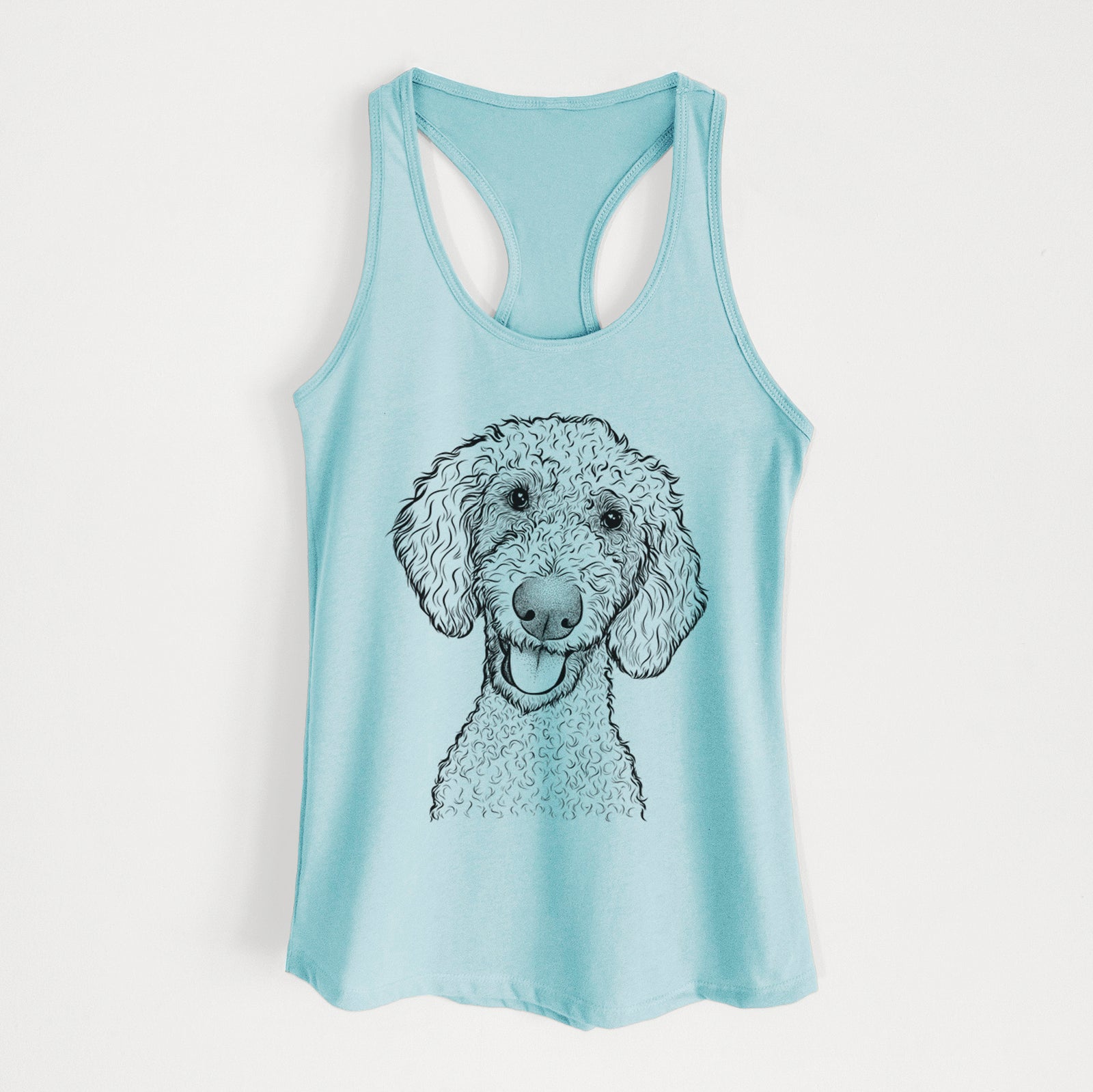 Hand-drawn sketch of Fenway the Goldendoodle on a Cancun Blue Women's racerback tanktop