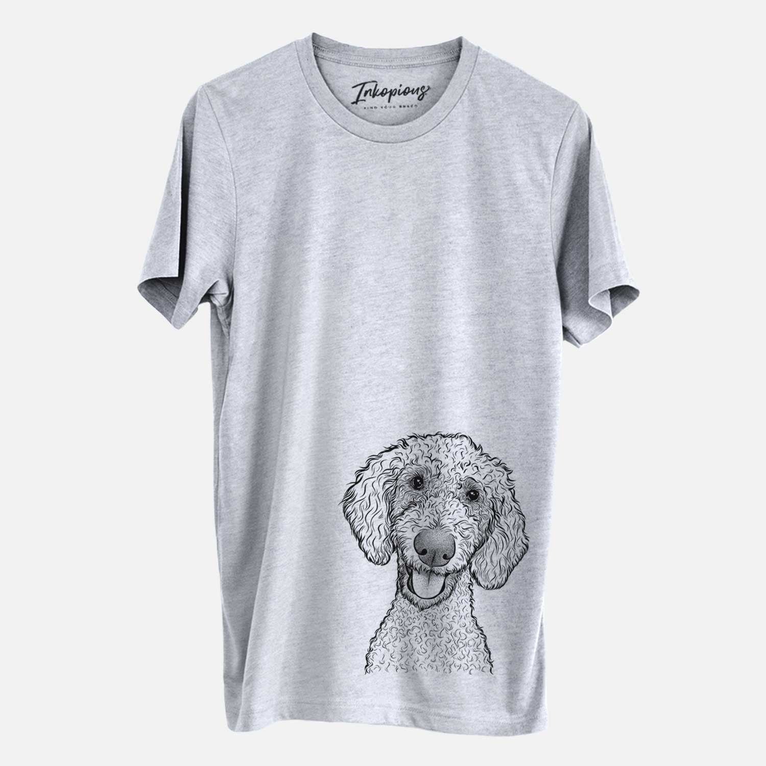 Hand-drawn sketch of Fenway the Goldendoodle on a Grey Unisex crewneck