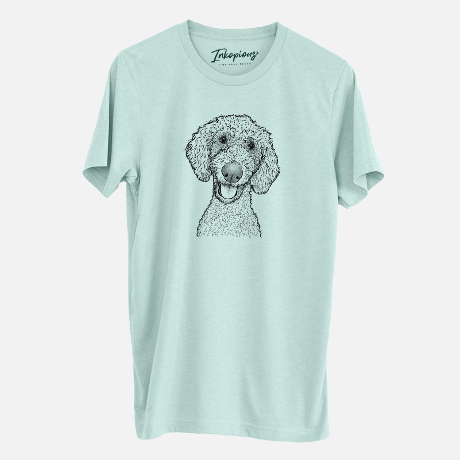 Hand-drawn sketch of Fenway the Goldendoodle on a Heather Sage Unisex crewneck