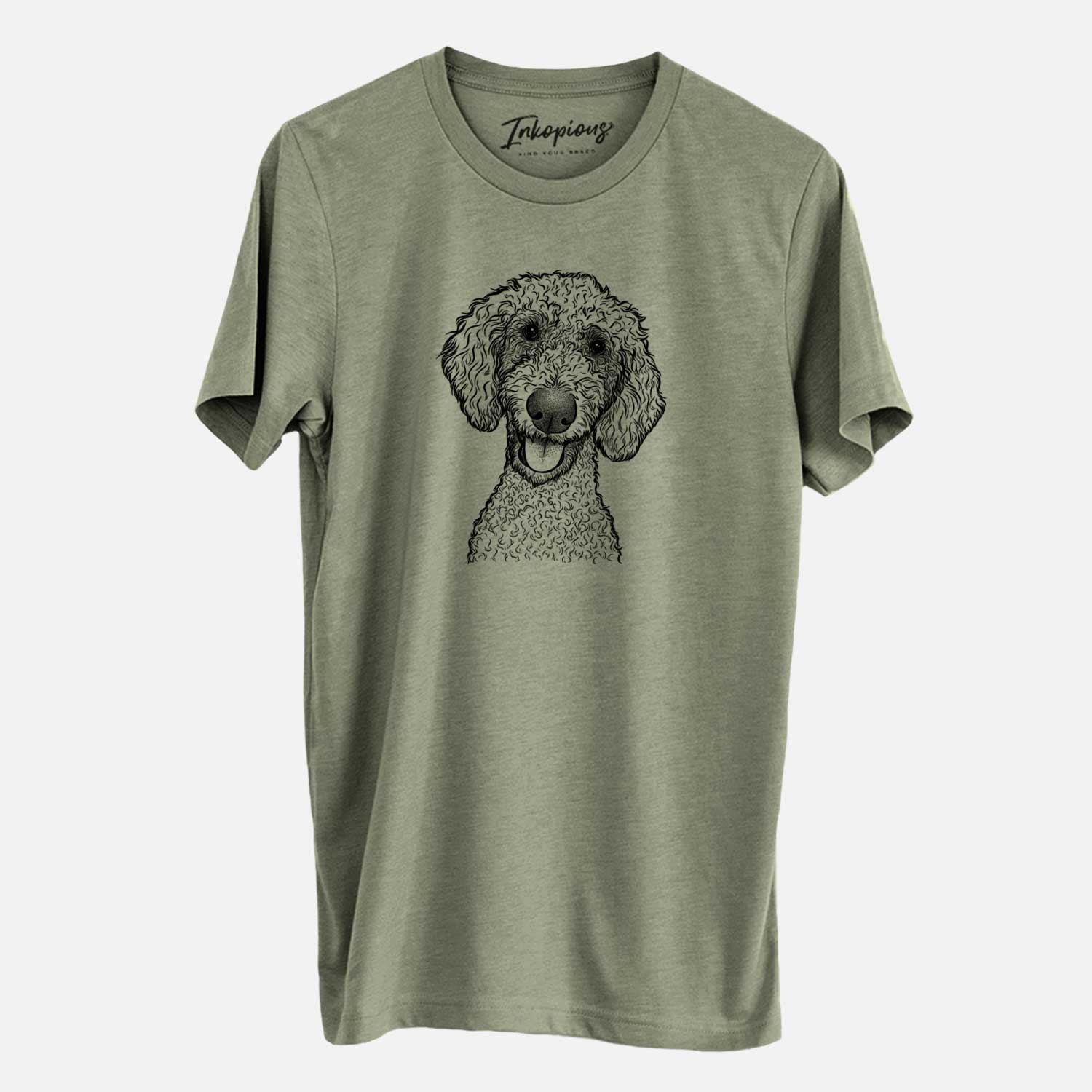 Hand-drawn sketch of Fenway the Goldendoodle on an Olive Unisex crewneck