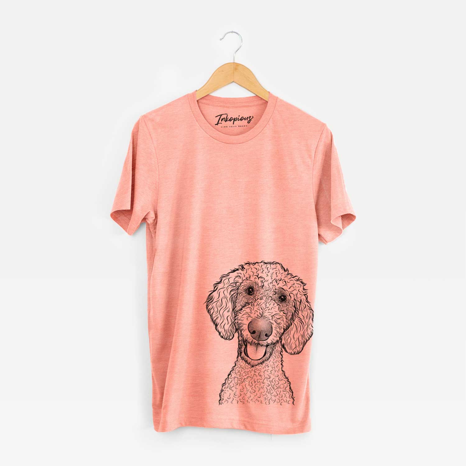 Hand-drawn sketch of Fenway the Goldendoodle on a Sunset Bella Canvas Unisex Crewneck