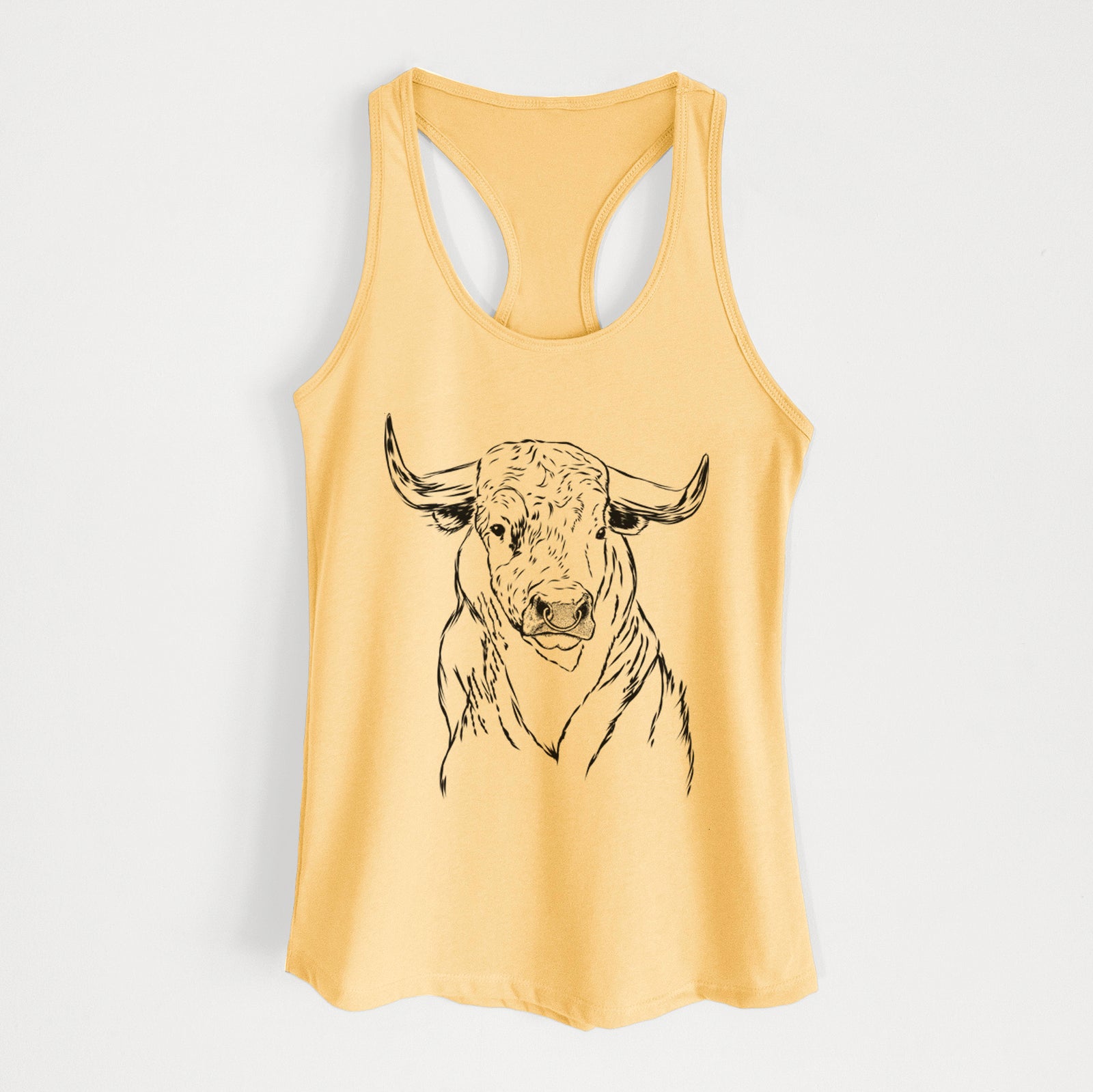 Hand-drawn sketch of Ferdinand the Bull on a Banana Cream Women's racerback tanktop