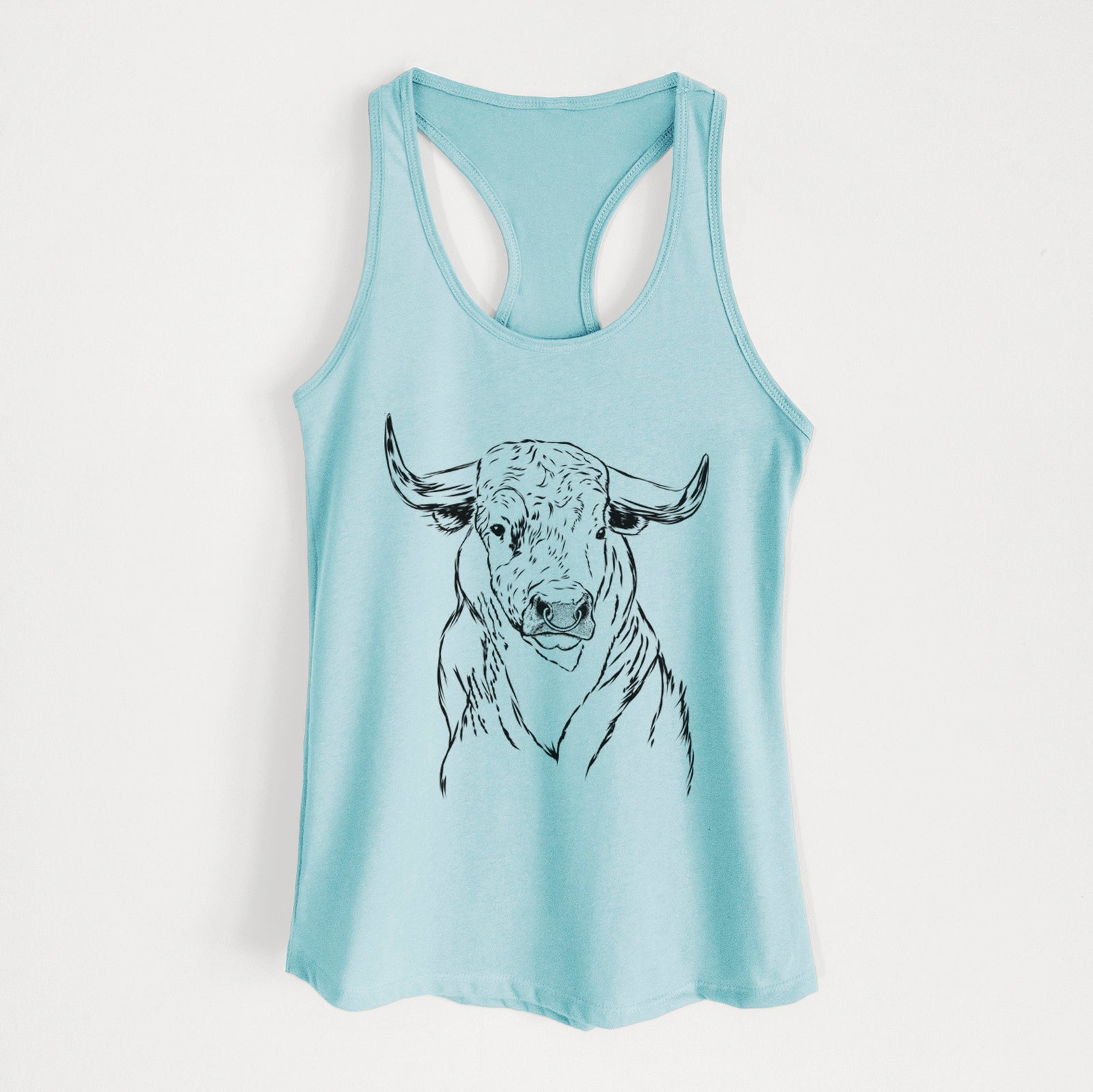 Hand-drawn sketch of Ferdinand the Bull on a Cancun Blue Women's racerback tanktop