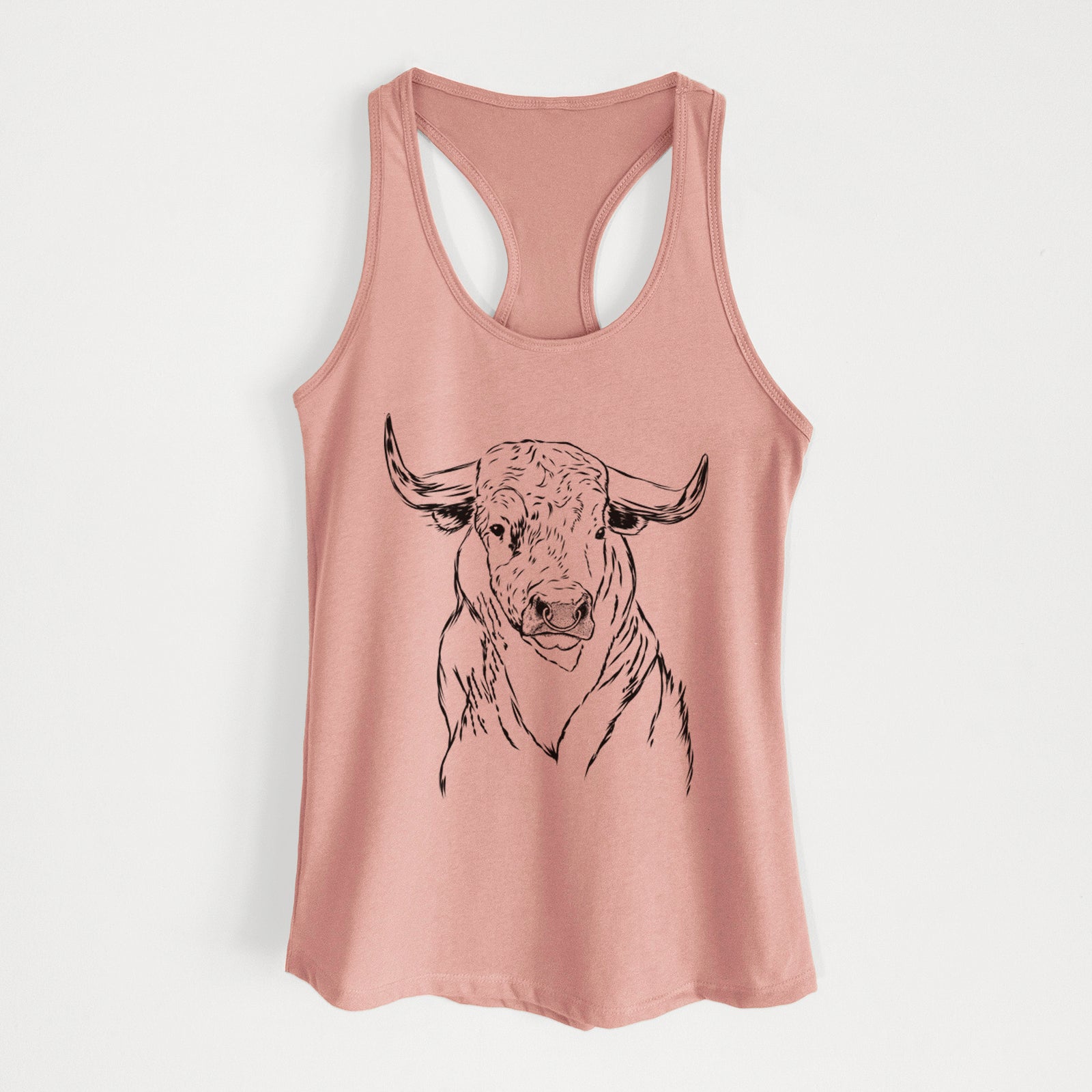 Hand-drawn sketch of Ferdinand the Bull on a Desert Pink Women's racerback tanktop