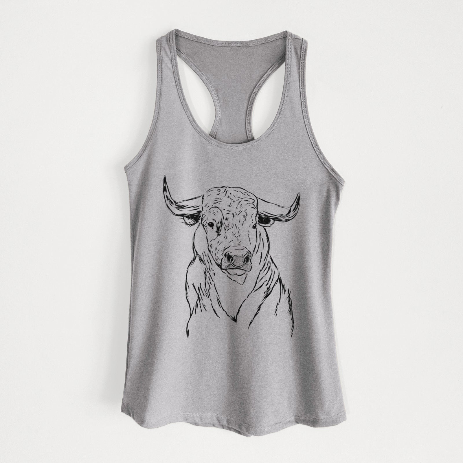Hand-drawn sketch of Ferdinand the Bull on a Heather Grey Women's racerback tanktop