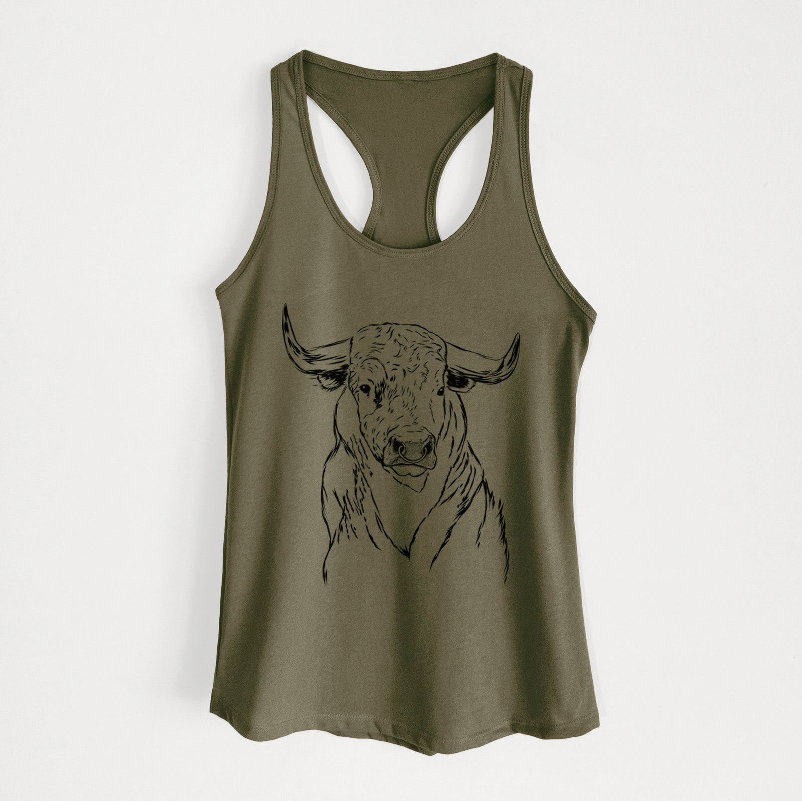 Hand-drawn sketch of Ferdinand the Bull on a Military Green Women's racerback tanktop