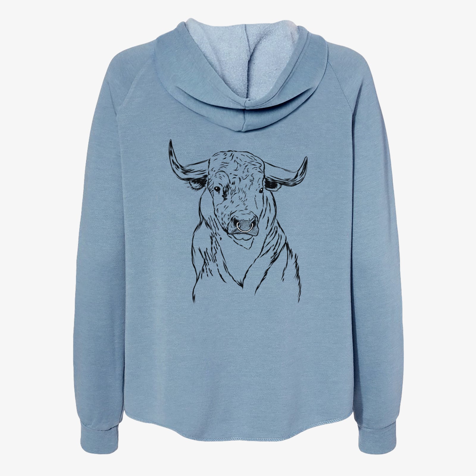 Hand-drawn sketch of Ferdinand the Bull on a Misty Blue Women's cali wave zip-up sweatshirt