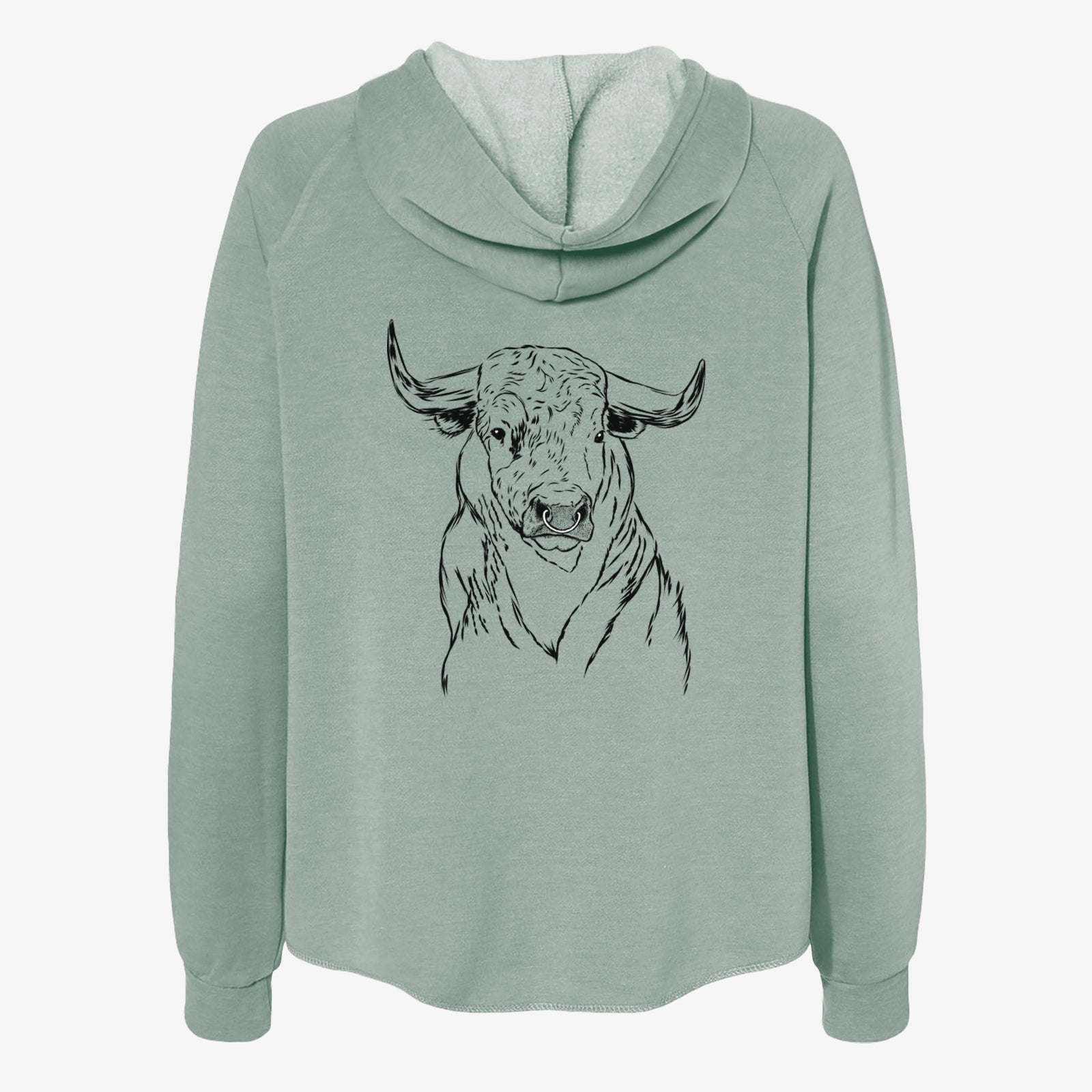 Hand-drawn sketch of Ferdinand the Bull on a Sage Women's cali wave zip-up sweatshirt