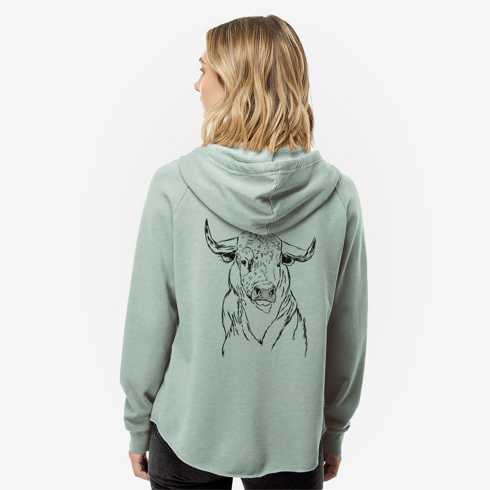 Hand-drawn sketch of Ferdinand the Bull on a Sage Women's cali wave zip-up sweatshirt