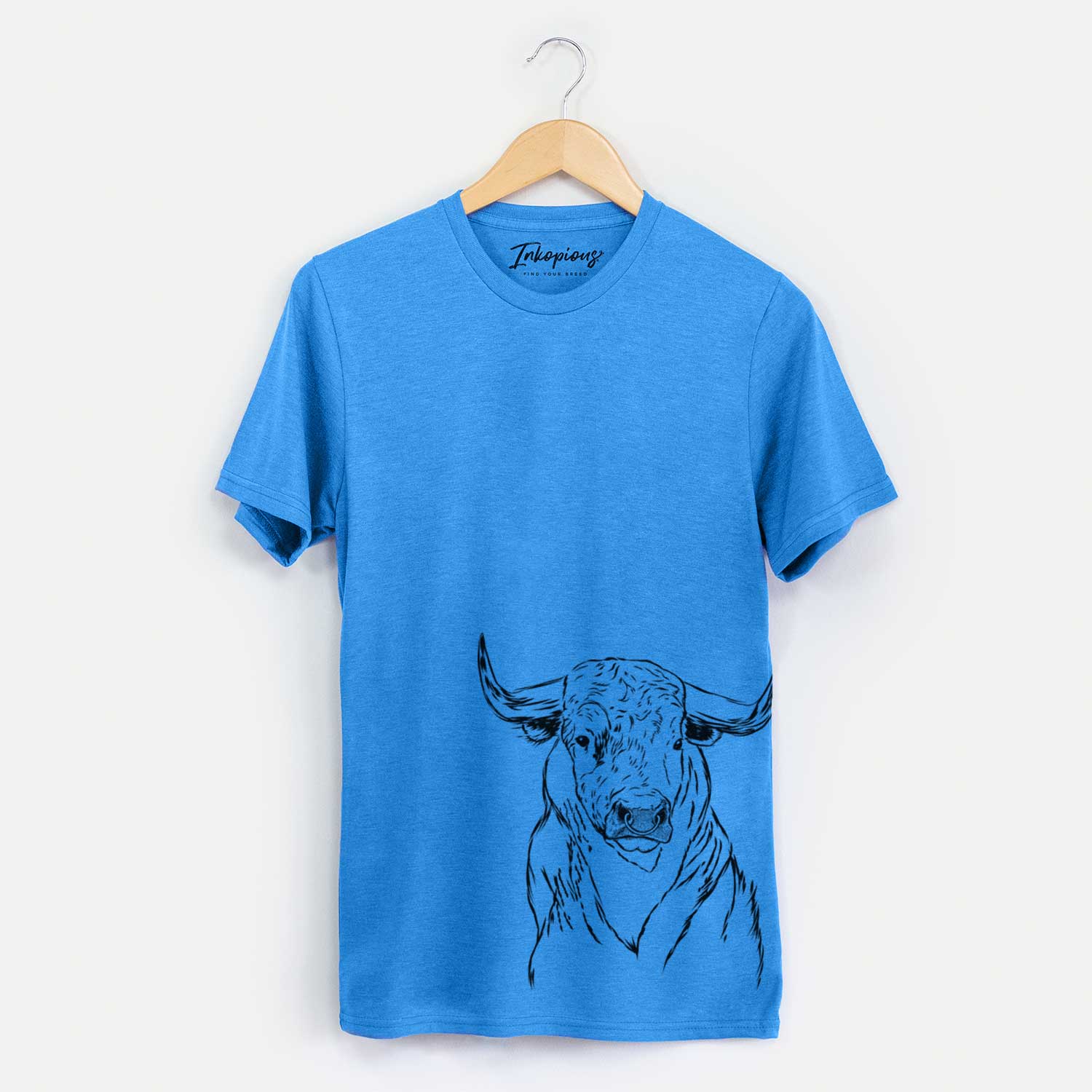 Hand-drawn sketch of Ferdinand the Bull on a Blue Unisex crewneck