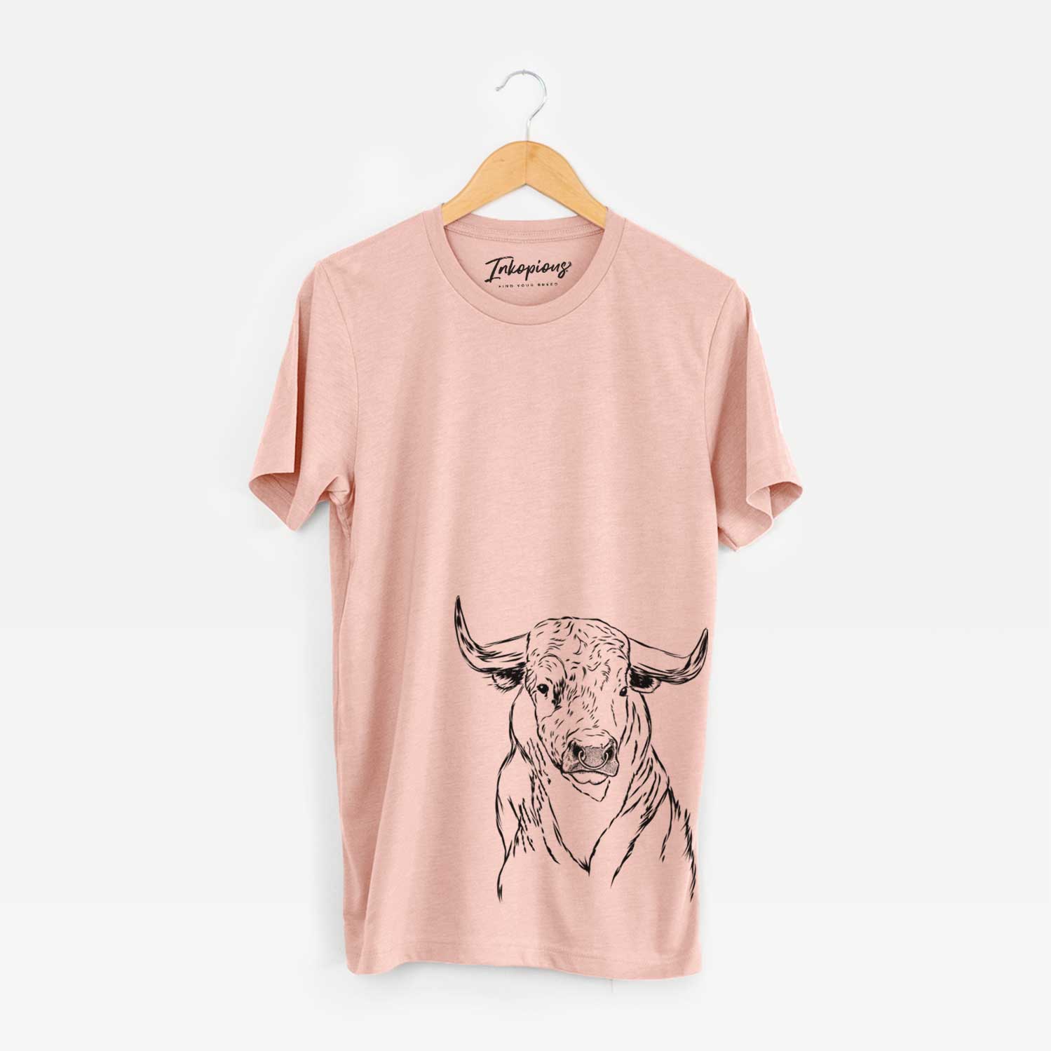 Hand-drawn sketch of Ferdinand the Bull on a Peach Unisex crewneck