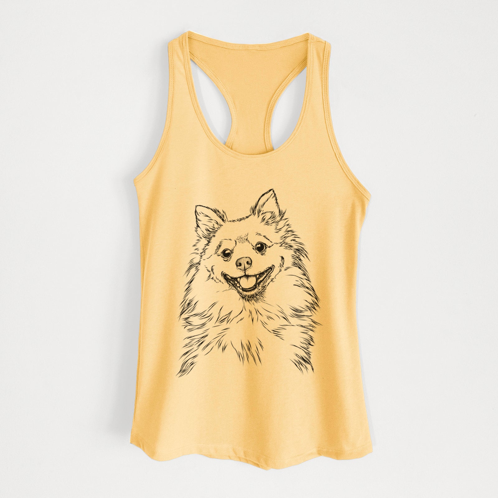 Hand-drawn sketch of Fibi the Spitz on a Banana Cream Women's racerback tanktop