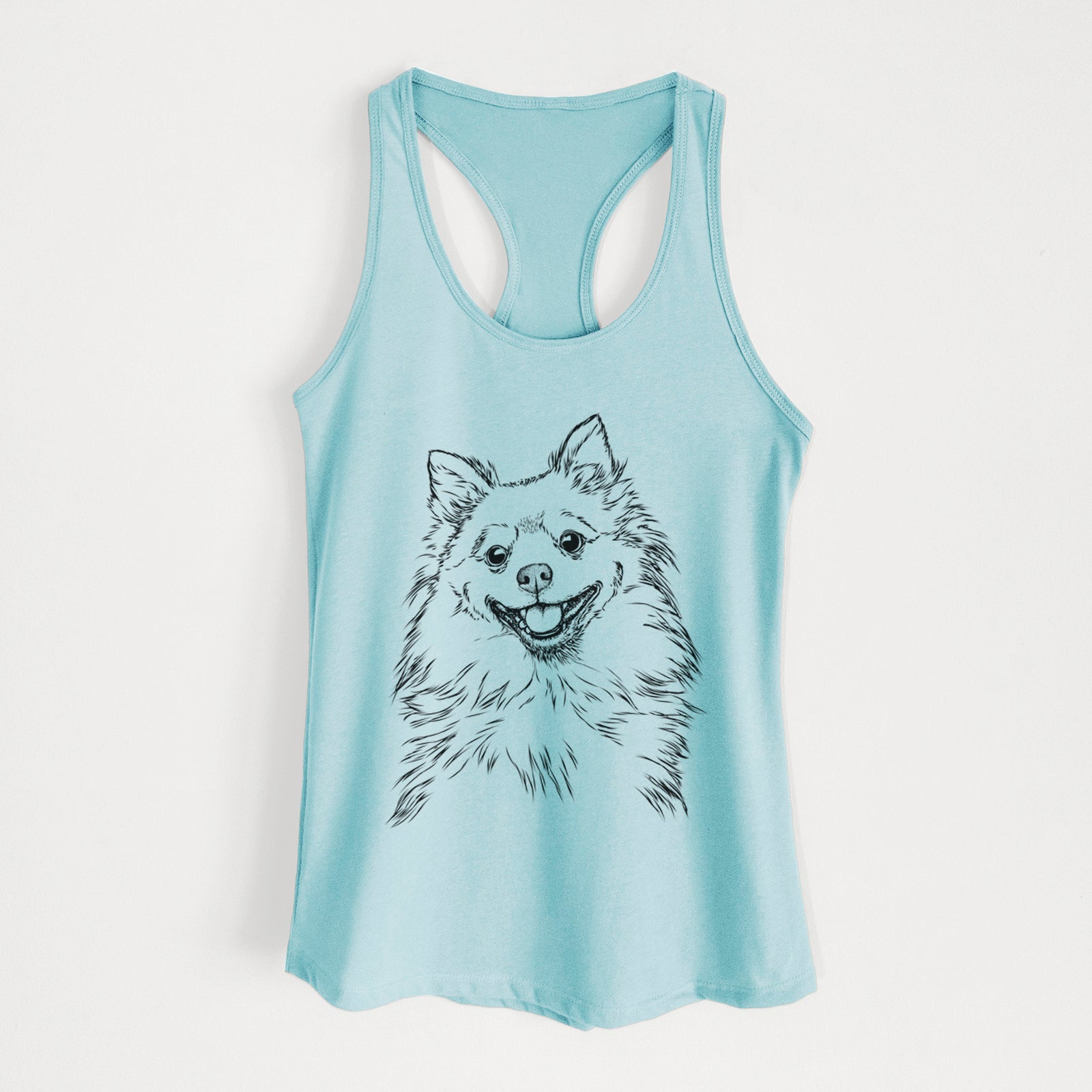 Hand-drawn sketch of Fibi the Spitz on a Cancun Blue Women's racerback tanktop