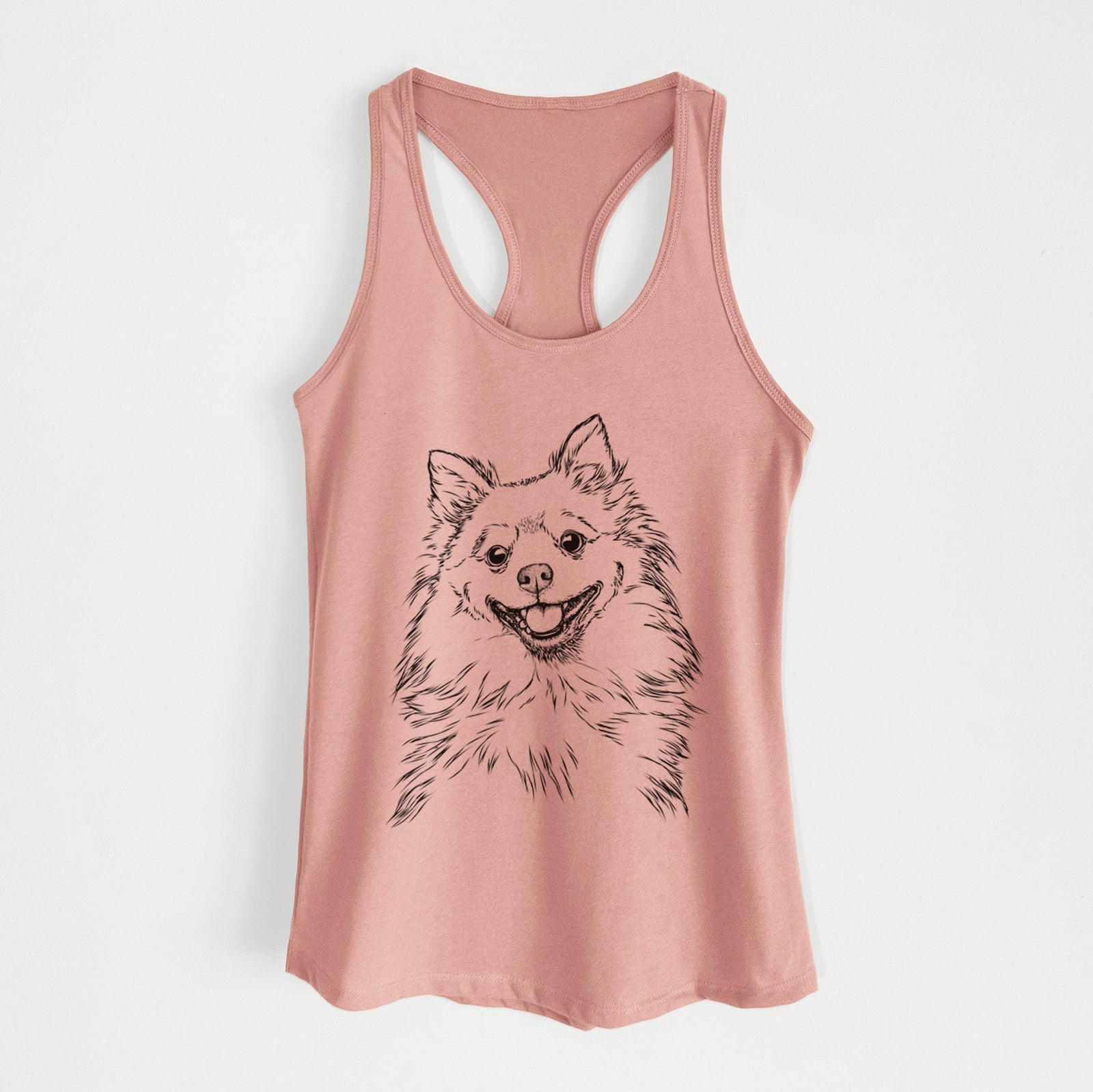 Hand-drawn sketch of Fibi the Spitz on a Desert Pink Women's racerback tanktop
